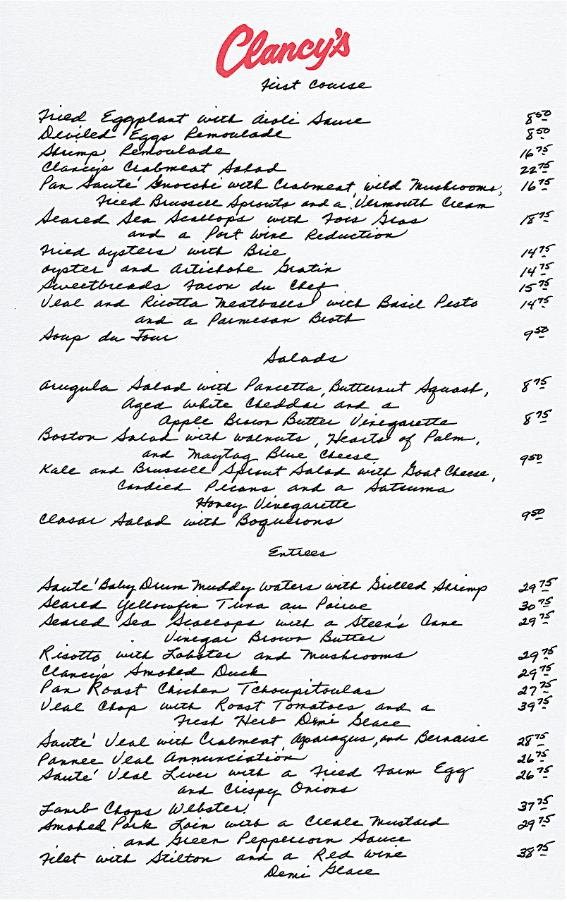The traditional menu at Clancy's uptown