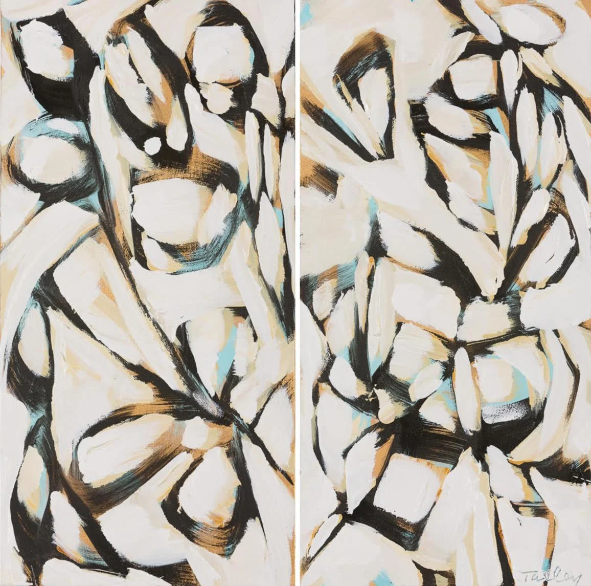 Yours and Mine I & II (pair of 10x20 framed canvases) remind us of beautiful quartz crystal formations.