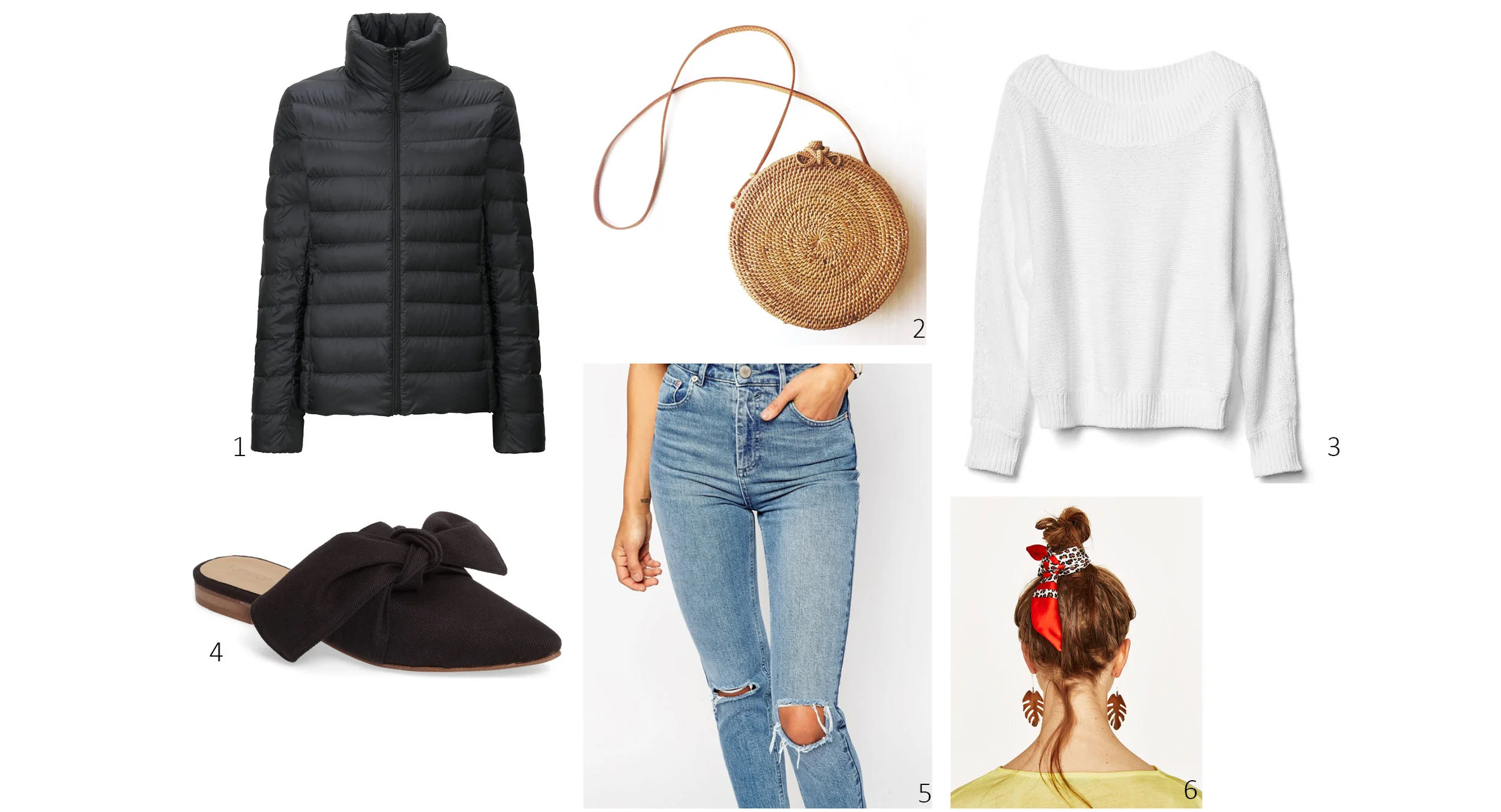 1. Uniqlo Ultra Light Down Jacket $59; 2. Bembien Rose Bag $185; 3. Gap Relaxed Open-Neck Sweater $29; 4. Topshop Adele Bow Flat $45; 5. ASOS Farleigh Mom Jeans $56; 6. Zara Scarf Pack $16