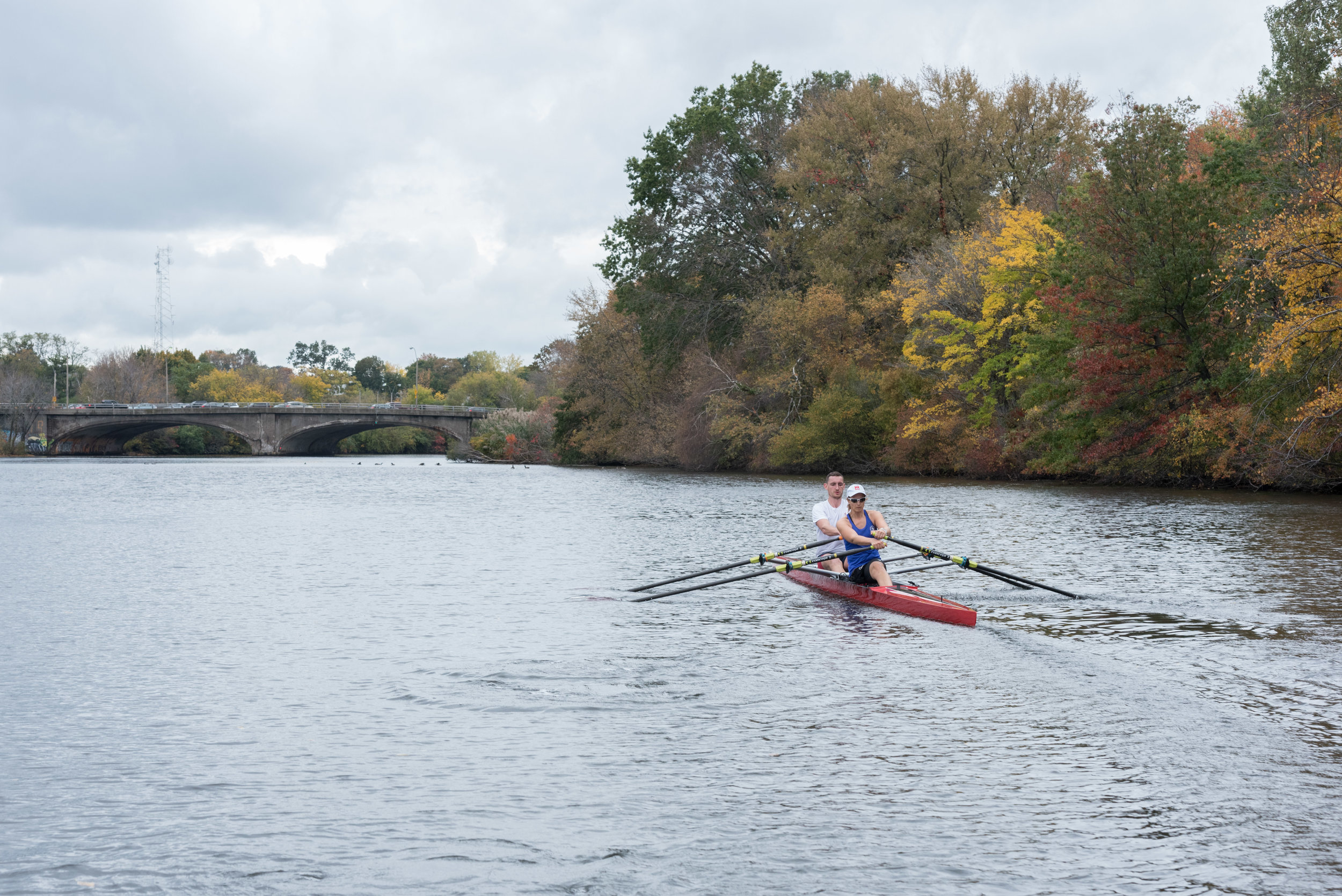  Para-rower Johanna Beyer, 35, and traditional rower Matt Wheeler, 29, practice for inclusion doubles on Friday, Oct. 21. They came in second in the event. This was the first year for Head of the Charles features having medaled para-rowing and inclus