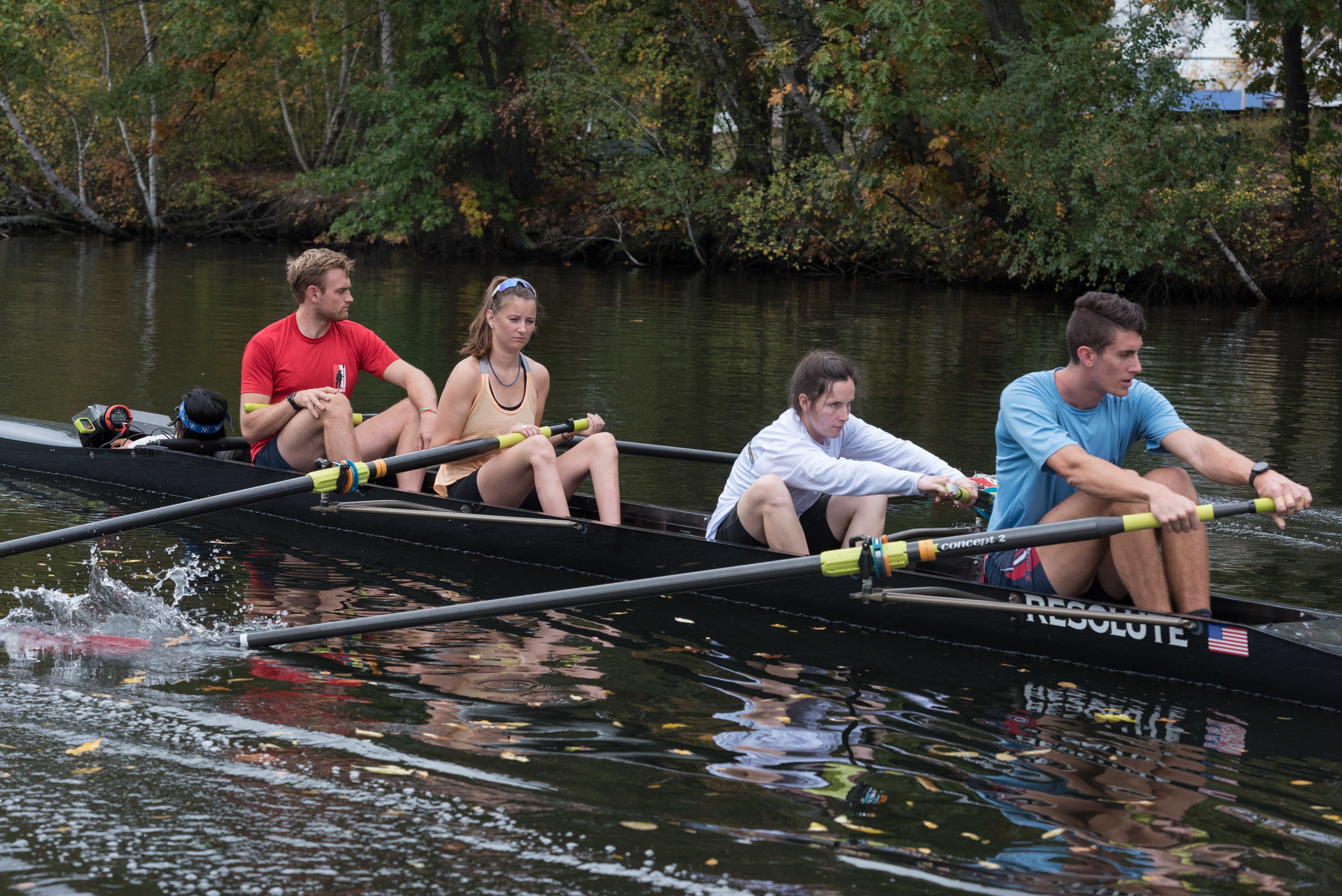  Left to right, Paul Casey, 25; Kate Barrett, 24; Natalie McCarthy, 29 and Austin Hack, 24 practice on Friday, Oct. 21 for their inclusion fours race on the Head of the Charles.  Barrett lost use of her legs from a spinal cord injury three years ago 