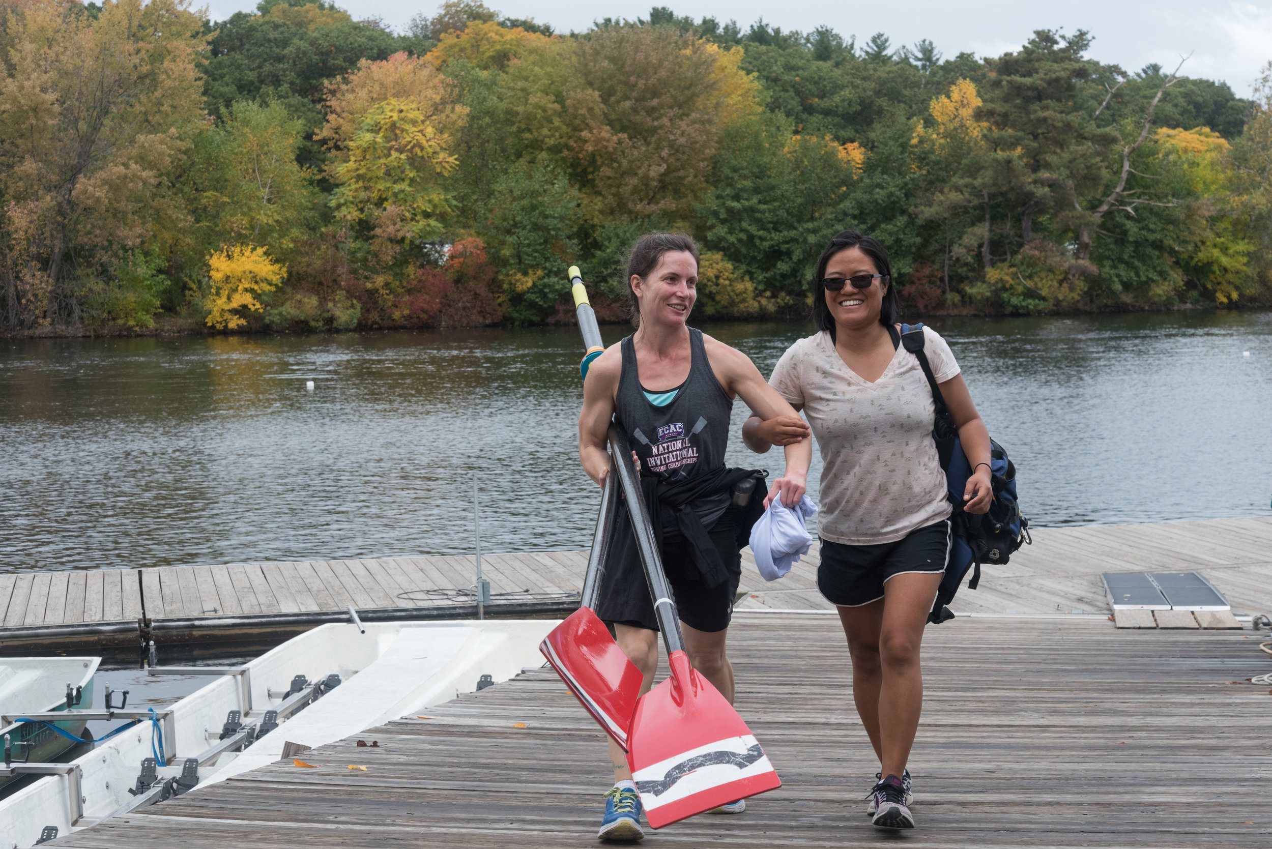  Corree Naslund, right, 32, guides Natalie McCarthy, 29, after their practice on Friday, Oct. 21. Naslund is the coxswain for McCarthy’s inclusion fours team. Naslund has been coaching rowing for 10 years.  “We have the benefit of being in Boston. We