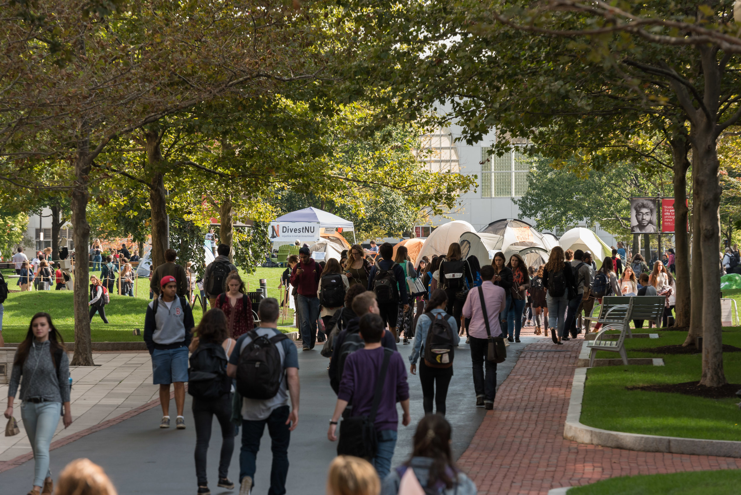  DivestNU tents are posted in Centennial Common on Monday, Oct. 3. The student group coalition began their protest earlier that day asking the University to remove its investments in the fossil fuel industry. 