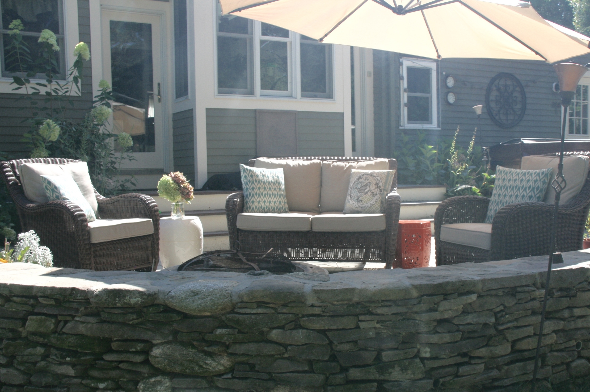 Thin Fieldstone Sitting Wall added to existing patio