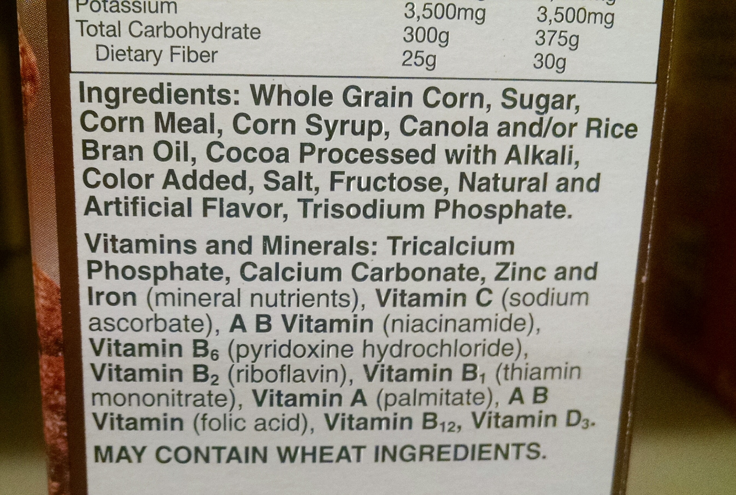 Another example of a popular children's cereal. There's the undefined "natural and artificial flavor" which could be ANYTHING among several other unrecognizable ingredients. If they are willing to list all of the other chemicals, how bad could the ones listed generically as "natural and artificial flavors" be?? Bad enough for them to not want to list it is what I would say. Also notice the cocoa (the one ingredient that could be healthy) is "processed w/ alkali". I talked about this in my Hot Cocoa Blog .