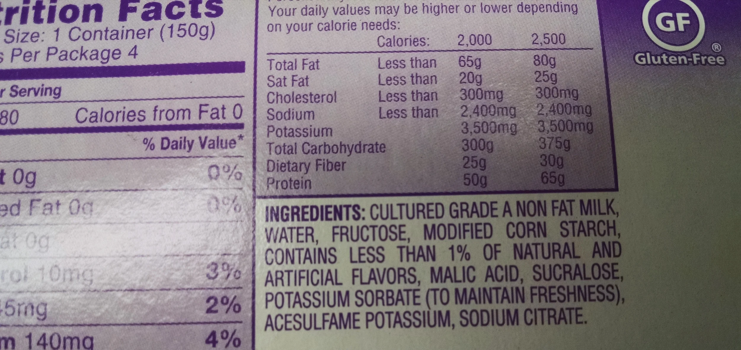 This is a perfect example of a non-fat yogurt. How are these working out for you? Are you just so filled up after eating one of these chemical-laden low cal, low fat treats you have no problem sticking to that diet? Or are you STILL hungry, ravenous & digging through the cupboard for something more which often leads to succumbing to that chemical-laden bag of chips? As I have said before, fat is not the enemy. The true enemy is all of the chemicals you are staring at in this oh-so-healthy yogurt. 
