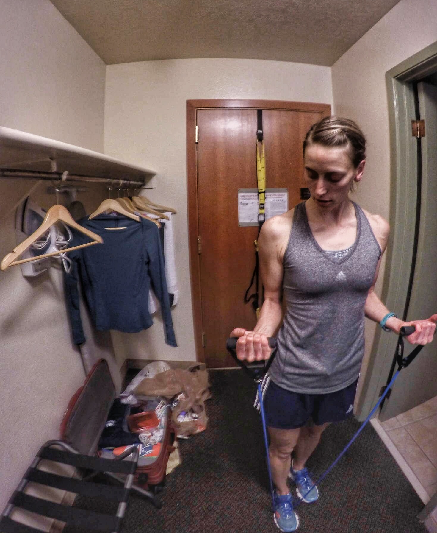 Bands are a GREAT option for travel or at-home workouts. They provide the resistance needed for strength training and are so small they can be stuffed into any pocket. Another benefit is that they are cheap. I often find bands at places like Marshalls or Ross.