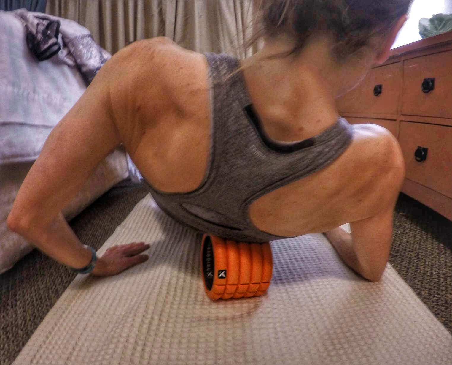 This small foam roller made by Trigger Point is great for travel. It's small, lightweight and portable and I never leave home without it. Foam rolling is a great way to loosen up those knots or adhesions in the muscles helping to keep your muscles balanced and functioning properly.