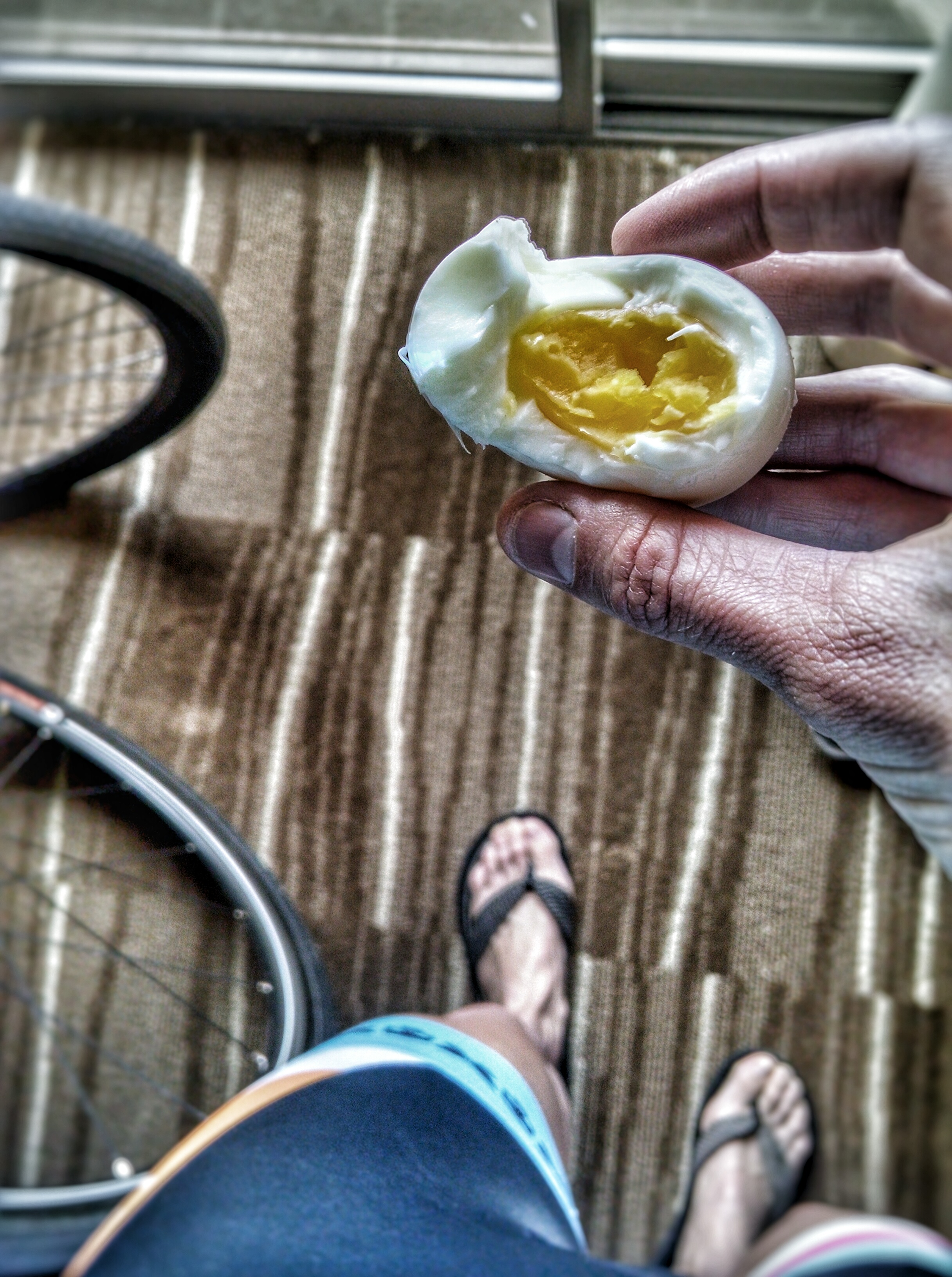 A perfect soft-boiled egg made in our tea kettle. No kitchen required. Perfect pre-ride fueling.