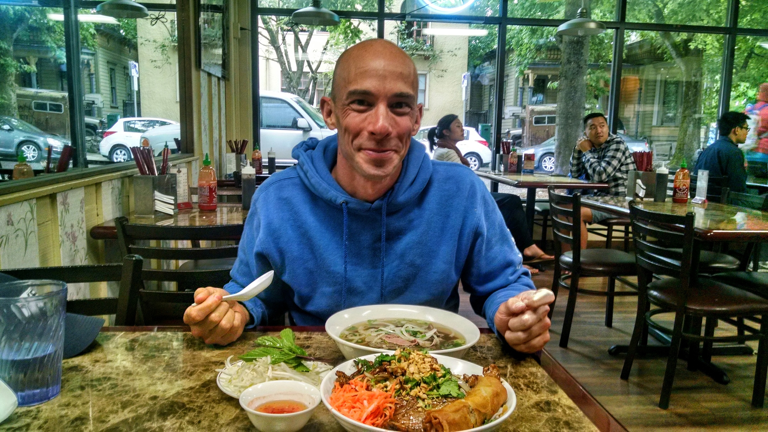 Vietnamese food following a long ride on a rainy day.