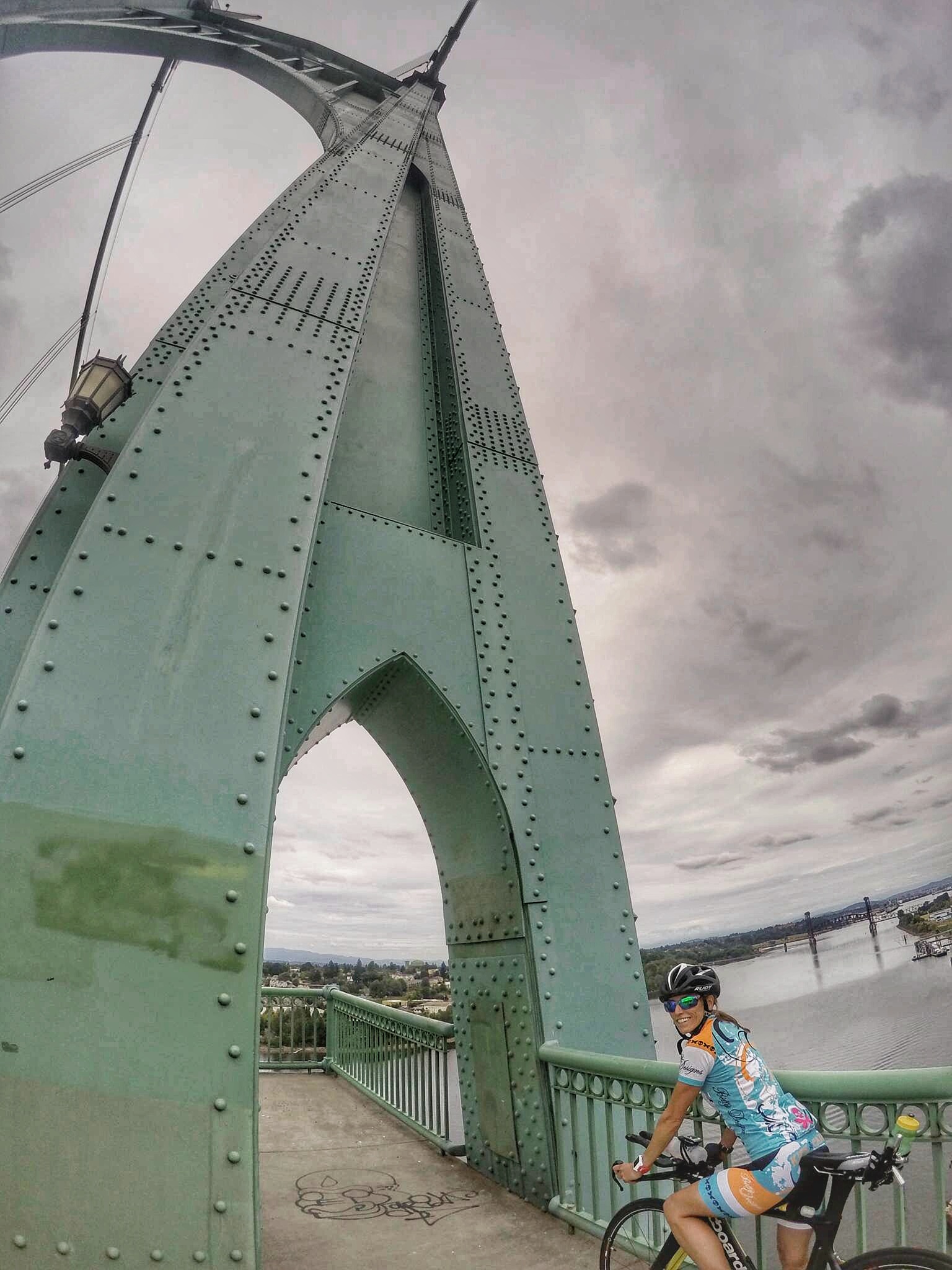 Crossing one of many bridges on our ride in Portland (St John's Bridge)