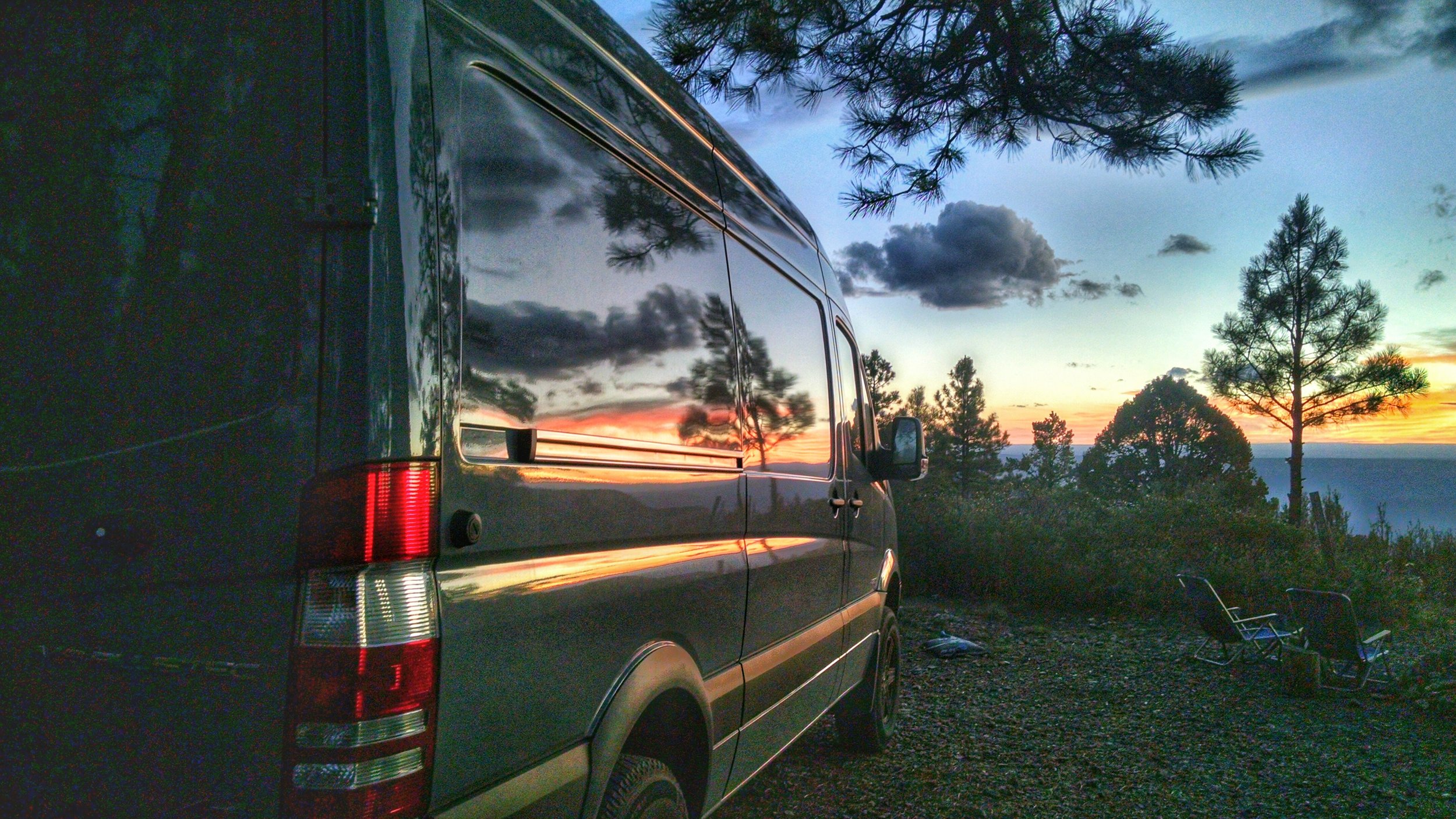 Loved the reflection of the sunset in the van.
