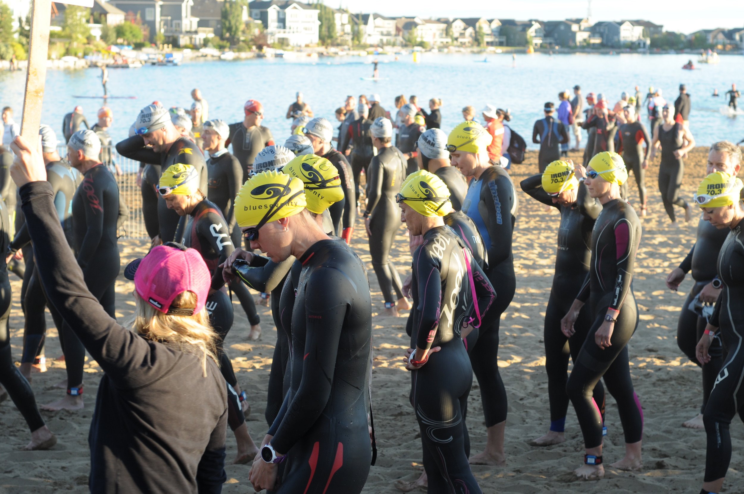 The worst part of a race is just before the start (okay well that part and of course the 3 am alarm clock and waking up with a bad case of race-day diarrhea) where you are just waiting and waiting and getting more and more nervous. And then of course you're so nervous you have to pee. And YES, we ALL pee in our wetsuits the minute we can FINALLY get in the water. Never trust anyone who says they don't "wet" their wetsuit. They are LYING!!