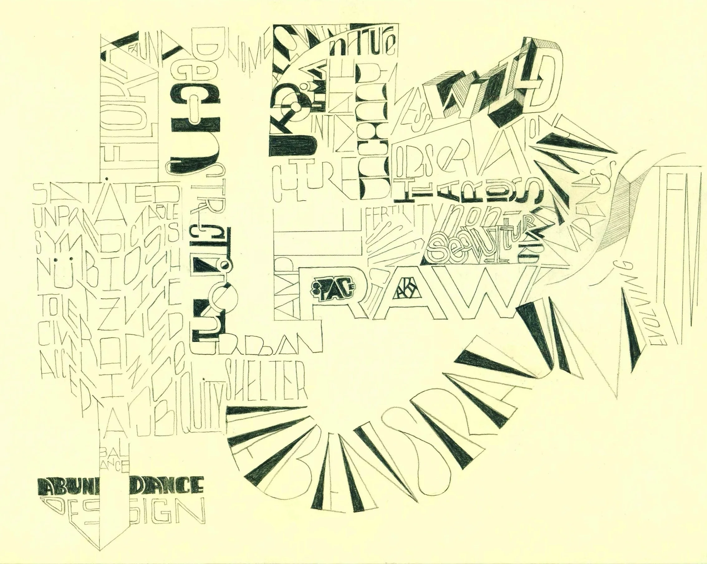  Word collage of key words in English and German for art publication KulturFolger, on humans and other civilized animals  Graphite on card stock 2015   