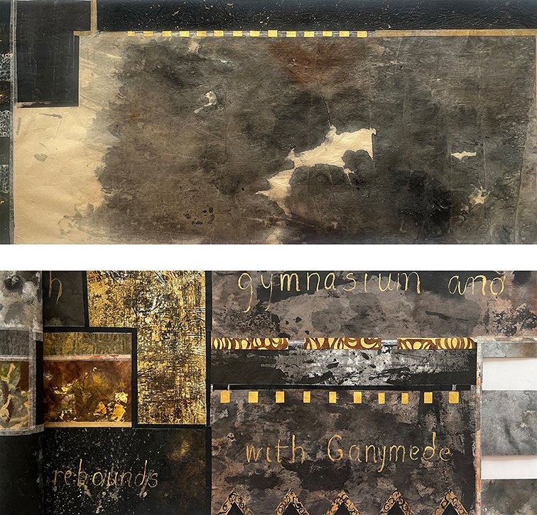 Bill Travis, "Fragments," artist book after Plato, details at top and bottom, scroll on paper and silk with mixed media, 1 x 15 ft. when fully open, 2023. unique edition.
