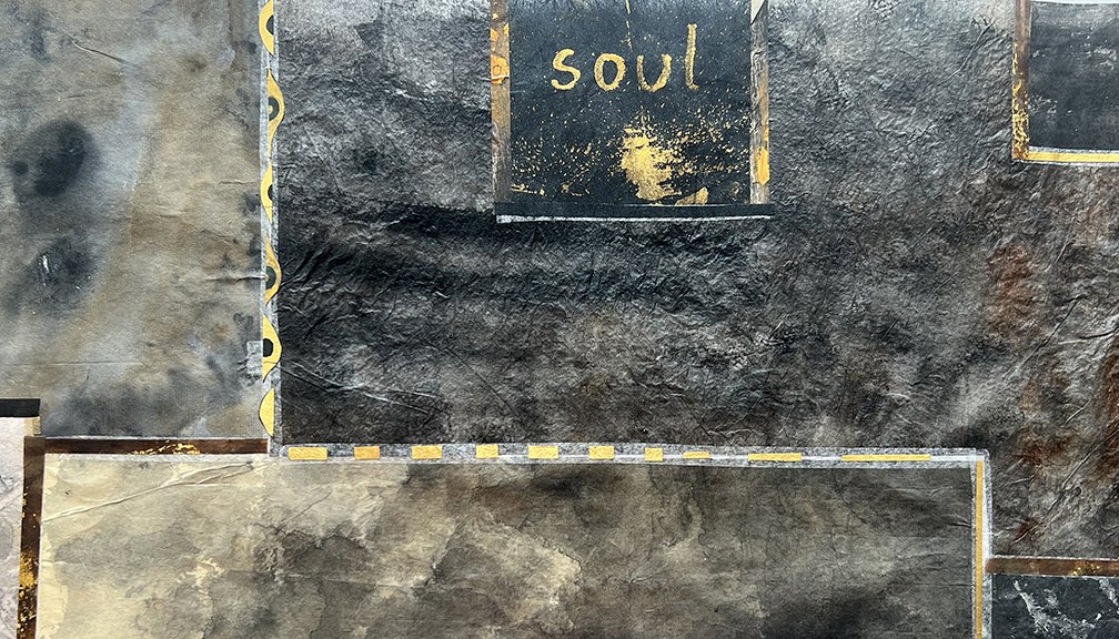 Bill Travis, "Fragments," artist book after Plato, detail, scroll on paper and silk with mixed media, 1 x 15 ft. when fully open, 2023. unique edition.