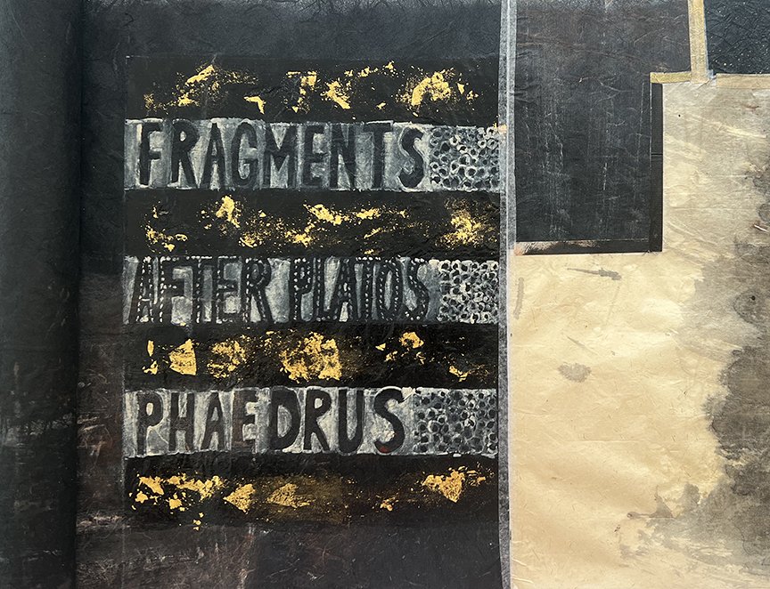Bill Travis, "Fragments," artist book after Plato, detail, scroll on paper and silk with mixed media, 1 x 15 ft. when fully open, 2023. unique edition.
