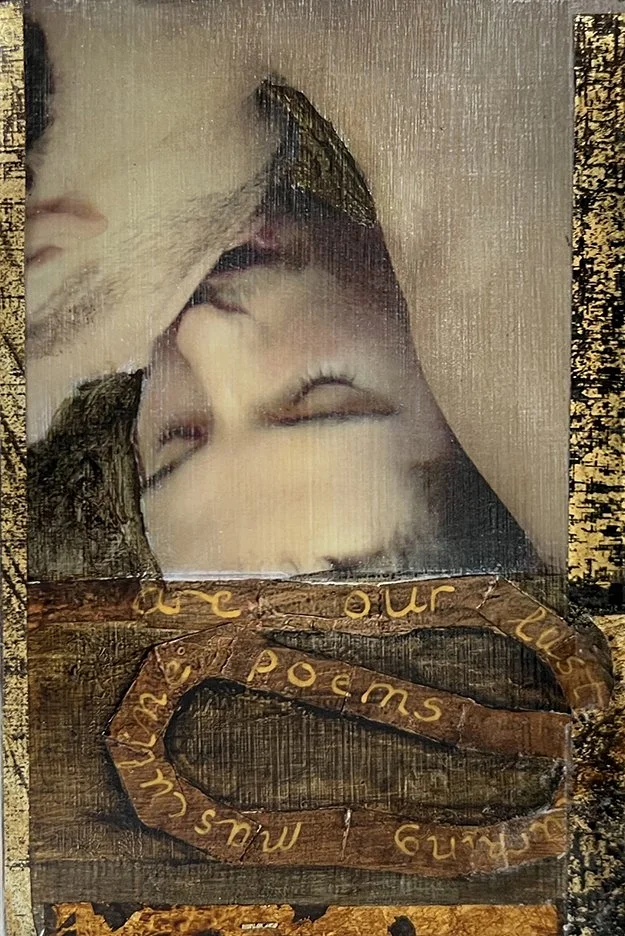 "Privacy of the Night" (artist book), after Walt Whitman, eleven double-sided panels on Masonite, mixed media, 6 x 44 in. when fully open, 2023. unique edition.