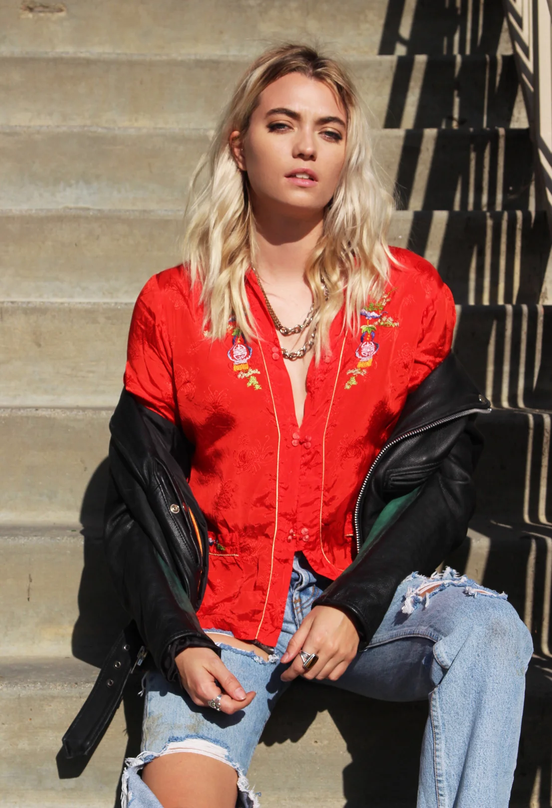 Vintage Red Embroidery Chinese Blouse