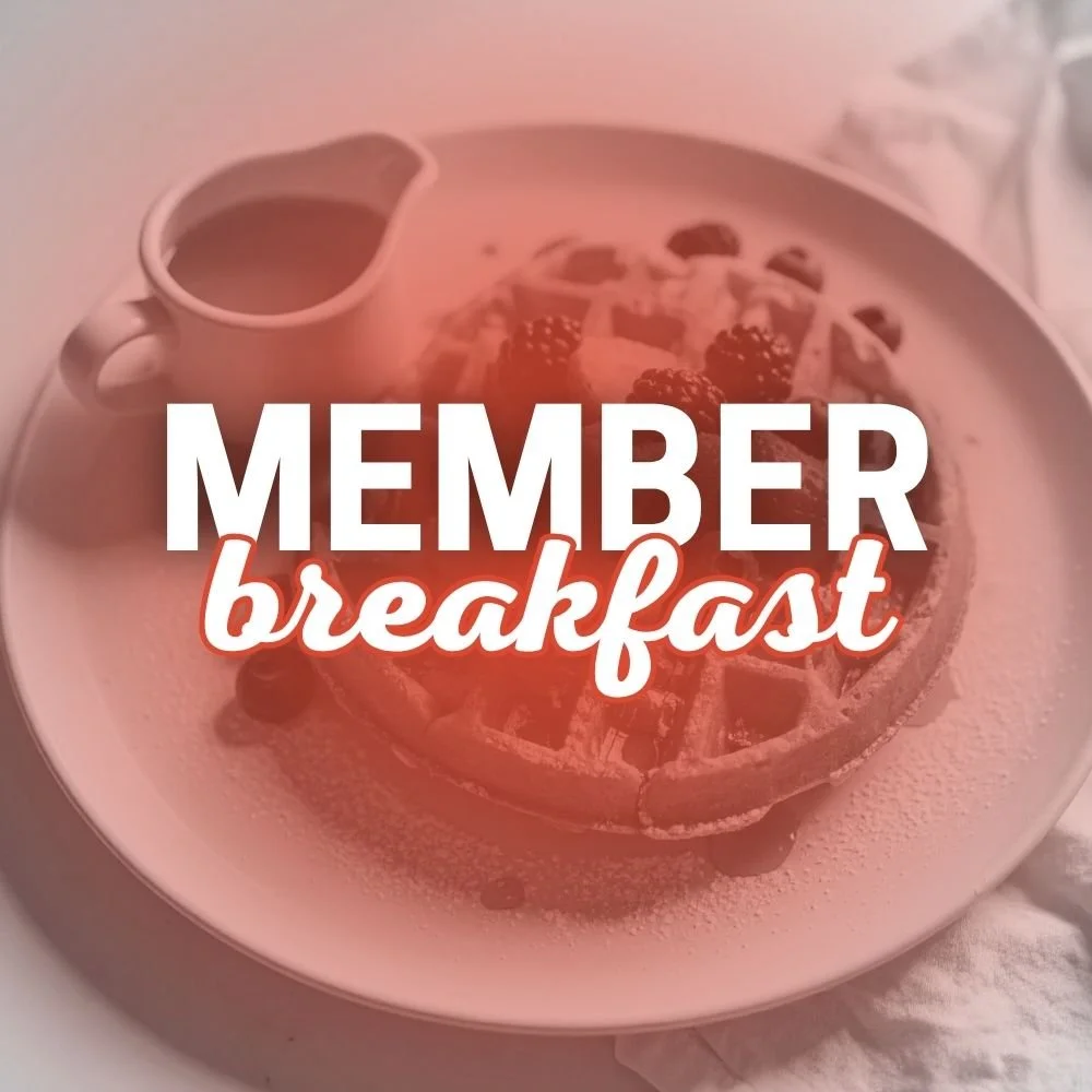 Member Breakfast graphic with photo of waffle on a plate