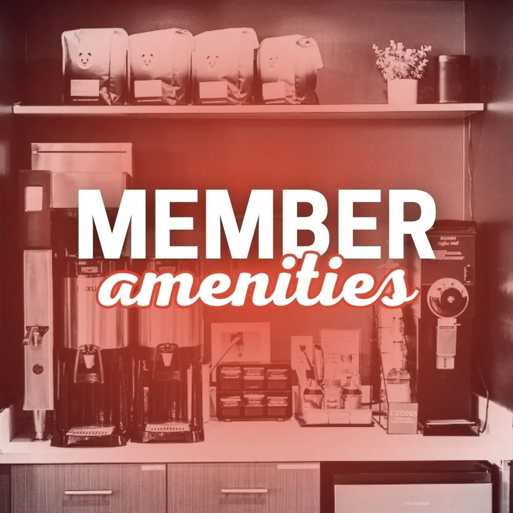 Member Amenities graphic with picture of Wake Forest coffee bar area