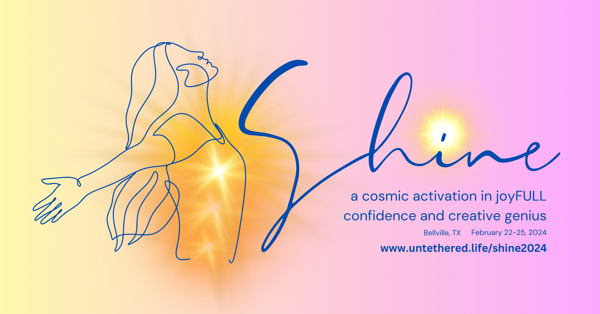 woman with hand thrown back and light emanating from her with the words SHINE A COMSIC ACTIVATION IN JOYFULL CONFIDENCE AND CREATIVE GENIUS