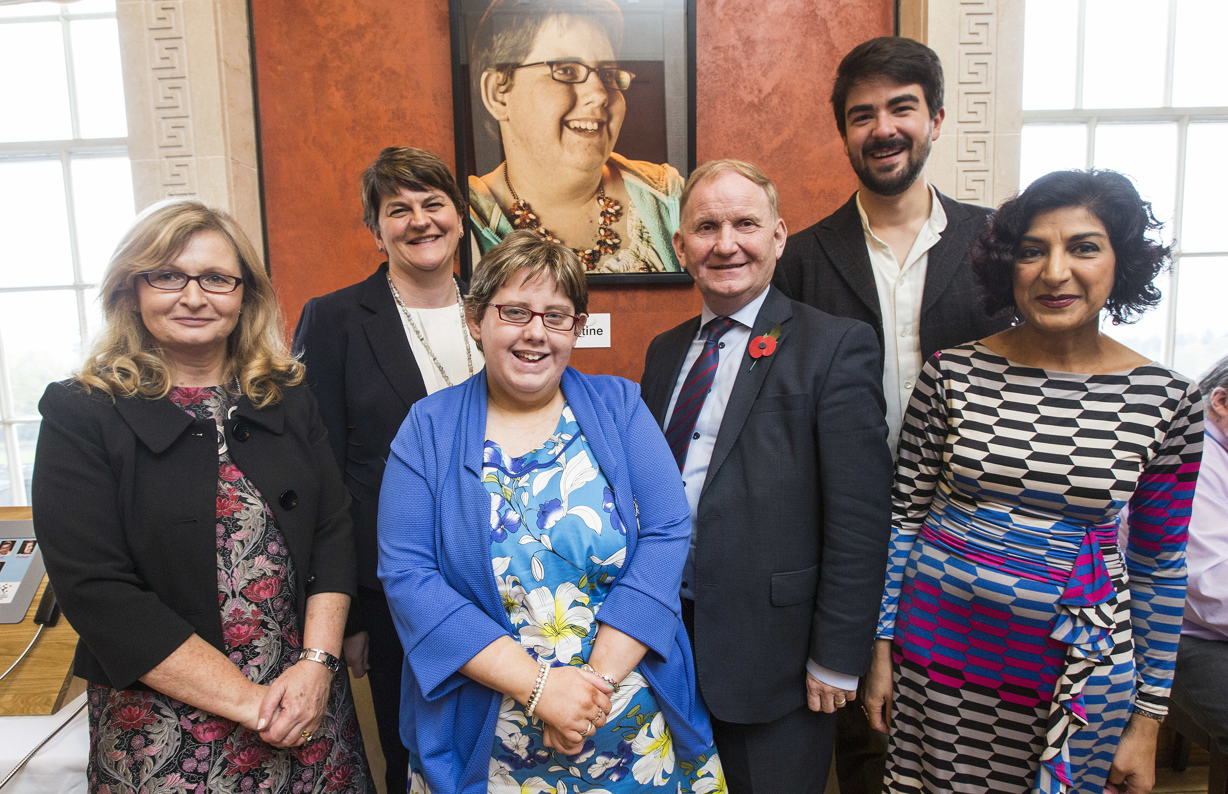 Pictured at the launch of ‘My Journey, My Voice’ multimedia portraits and stories exhibition to raise awareness of communication disability at Parliament Buildings, Stormont are (L-R) Alison McCullough, Royal College Speech and Language Therapist’s; Acting First Minister Arlene Foster MLA; Christine Birney; Lord Morrow MLA, Laurence Gibson, portrait photographer and Kamini Gadhok, CEO of the Royal College of Speech and Language Therapists.