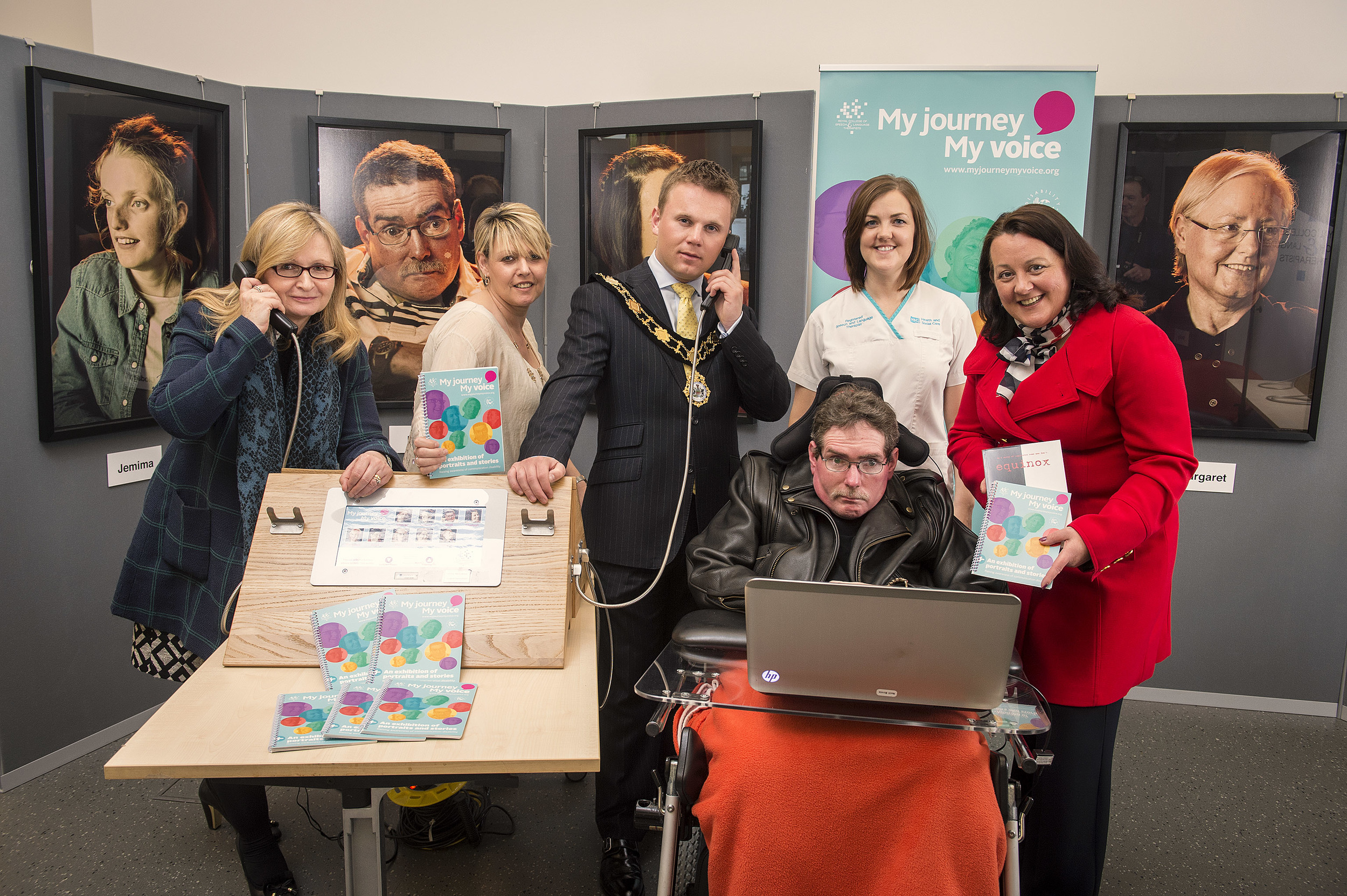 (L-R) Alison McCullough MBE, RCSLT; Janet McGookin, RCSLT; Cllr Thomas Hogg; Cathy Magee; Neill Birnie; Paula Bradley MLA.