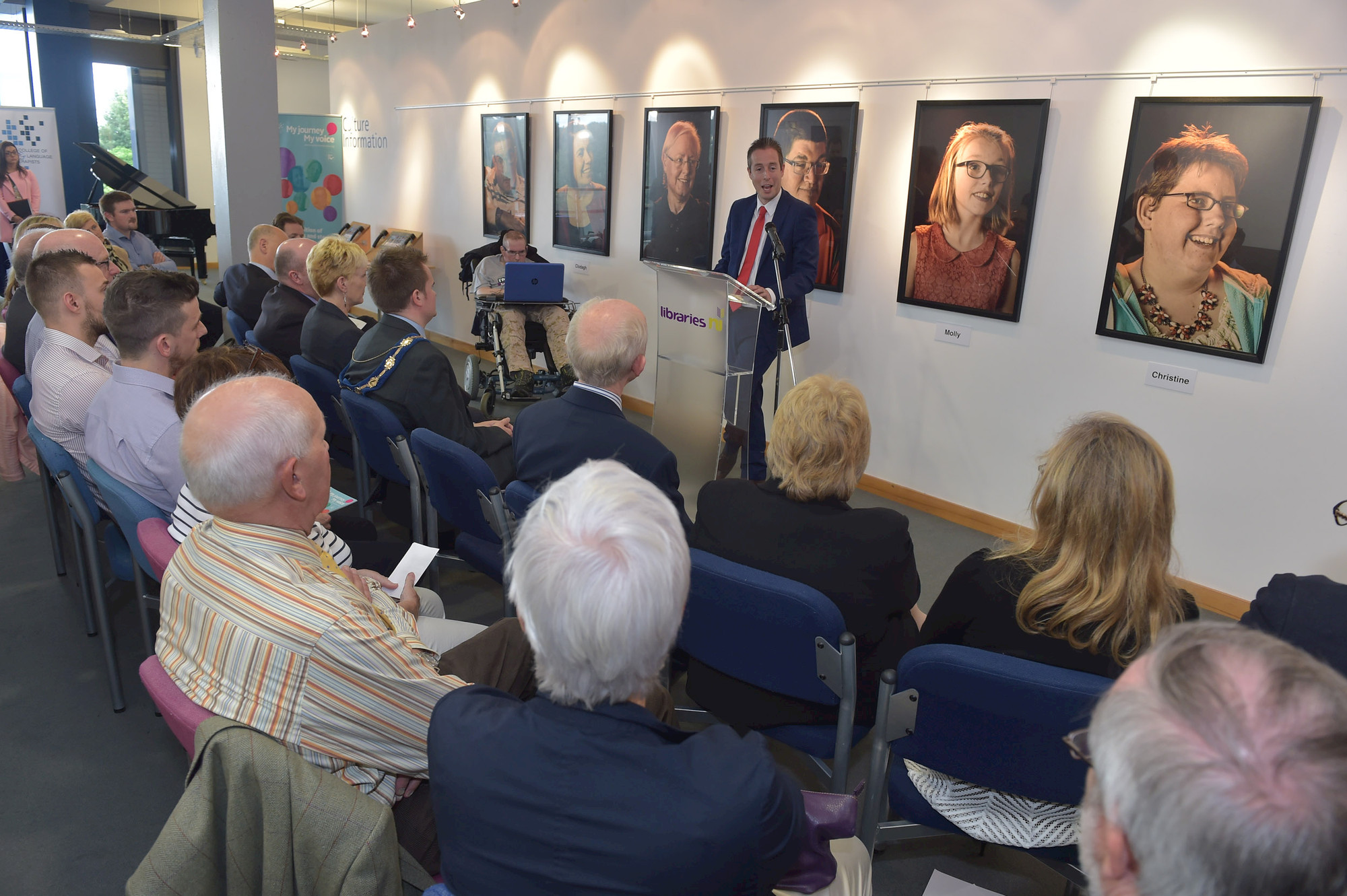 Minister Givan launches the Libraries NI tour of My Journey My Voice at Lisburn City Library on 4 August 2016.