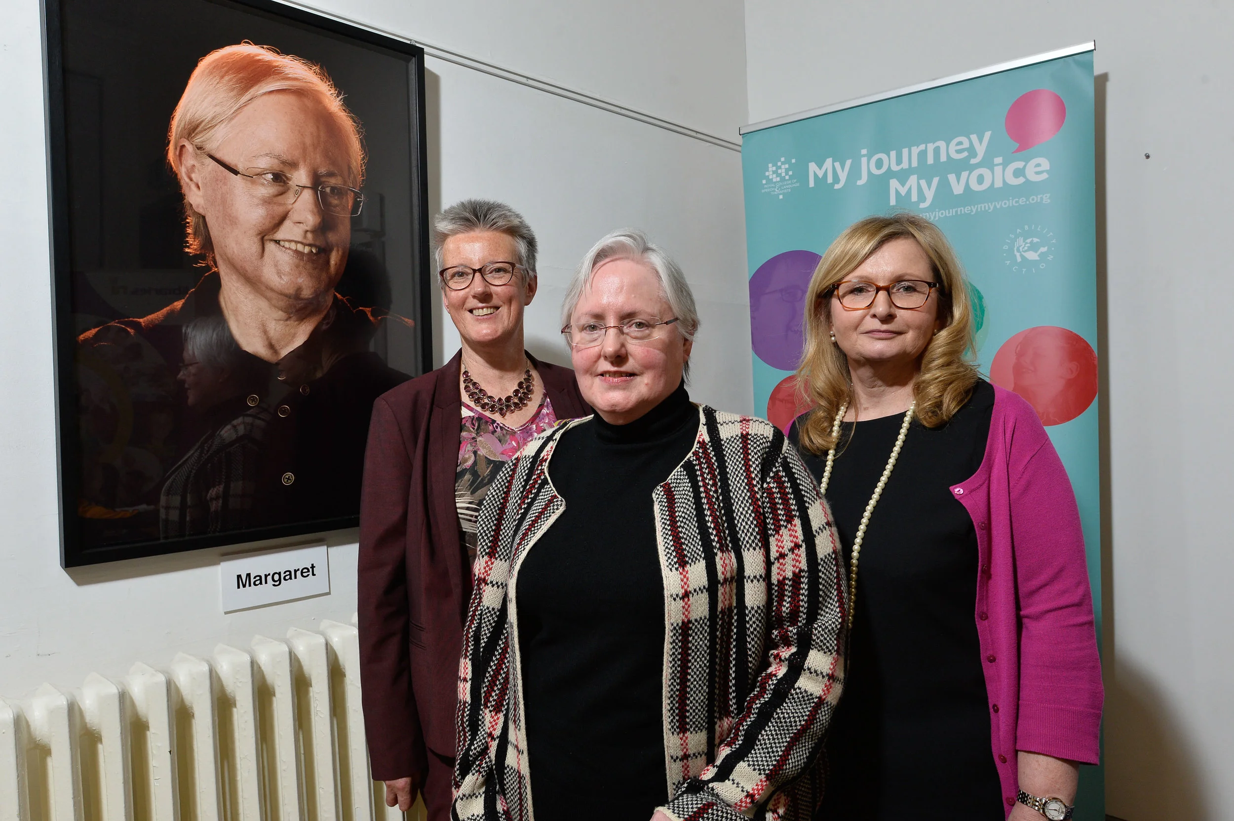 Helen Osborn, Libraries NI, pictures with My Journey My Voice participant, Margaret Rice, and Alison McCullough, RCSLT.