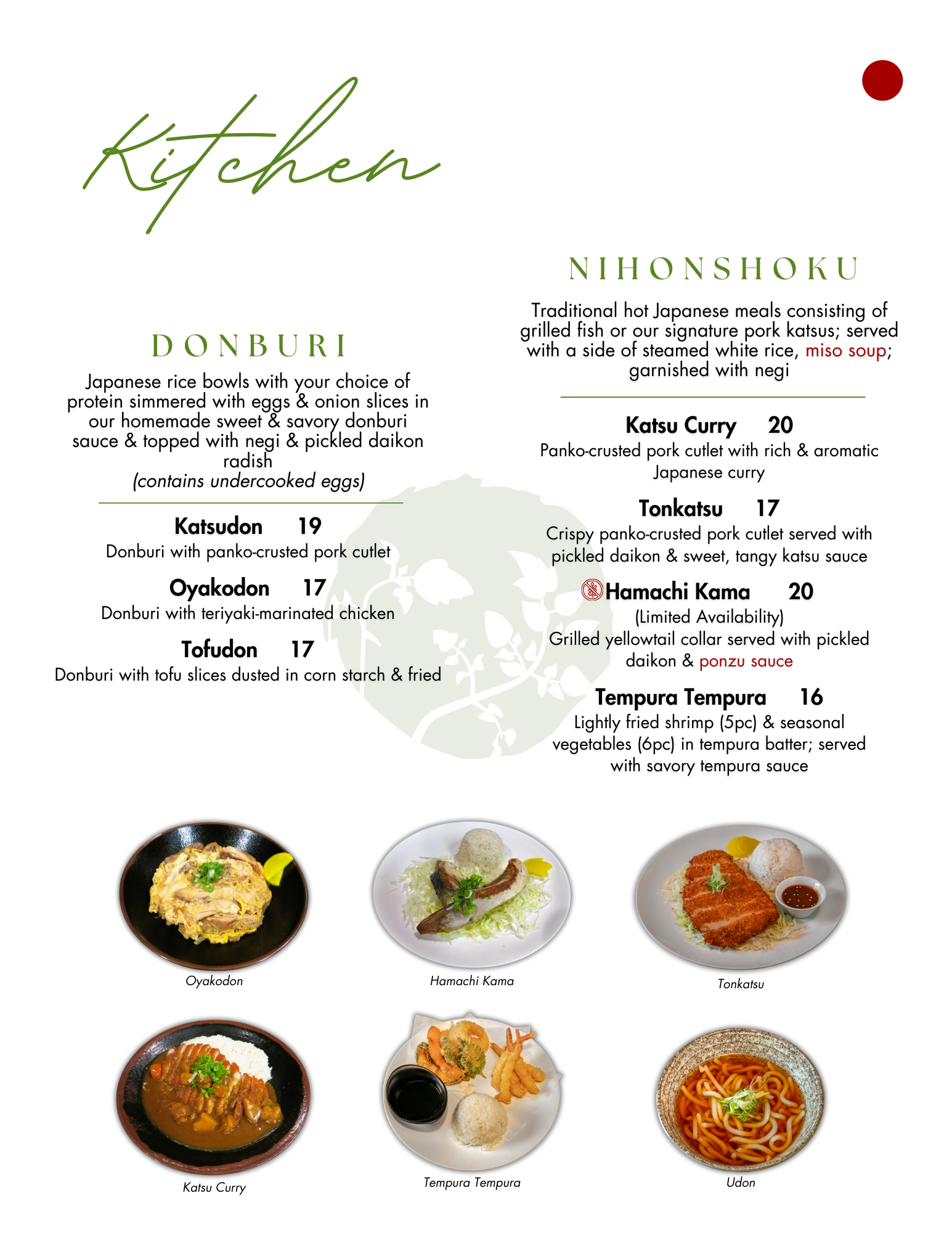 Hot Japanese Comfort Foods like Katsu, Donburi, Hamachi Kama, Tempura