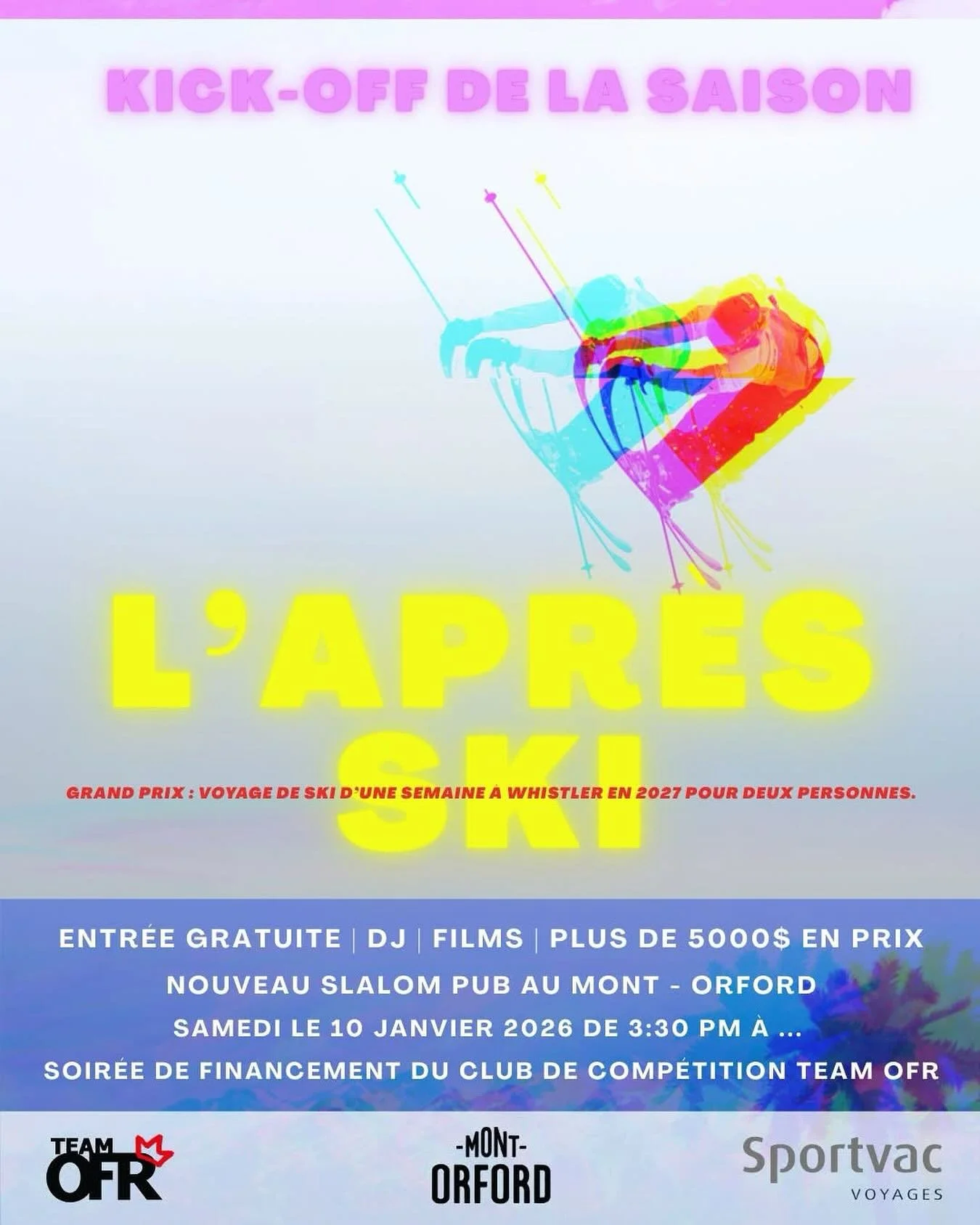 C&rsquo;est le kick-off officiel de la saison du Club de comp&eacute;tition Team OFR !

Rendez-vous au Slalom Pub pour une soir&eacute;e festive rassemblant amis, familles et passionn&eacute;(e)s de ski afin de c&eacute;l&eacute;brer le d&eacute;but 