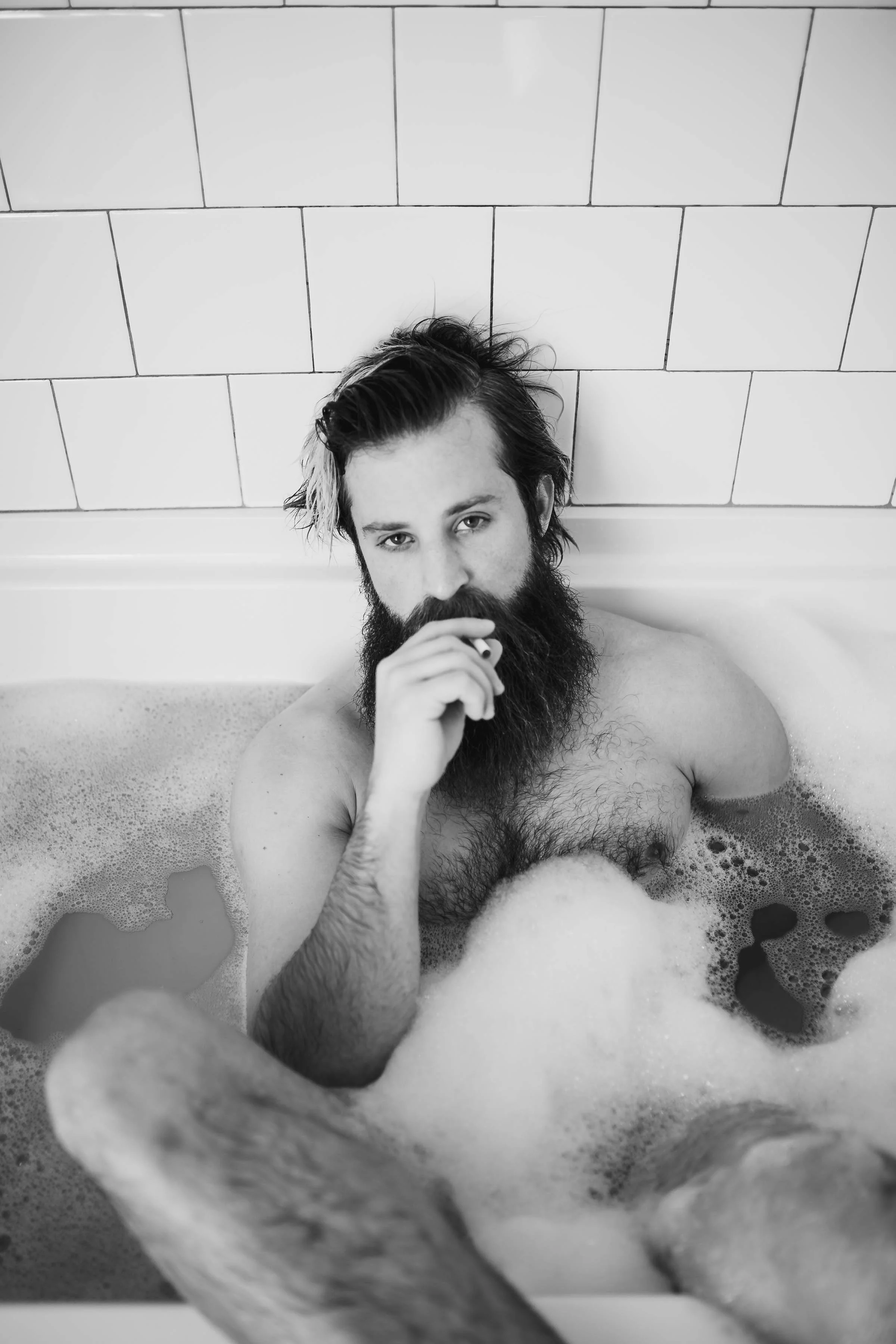 oklahoma boudoir photographer, okc boudoir photography, male boudoir, dudoir, sexy male photos, bathtub photos, bearded guy in bathtub, beard, hairy boy, cigarettes in bathtub, sexy