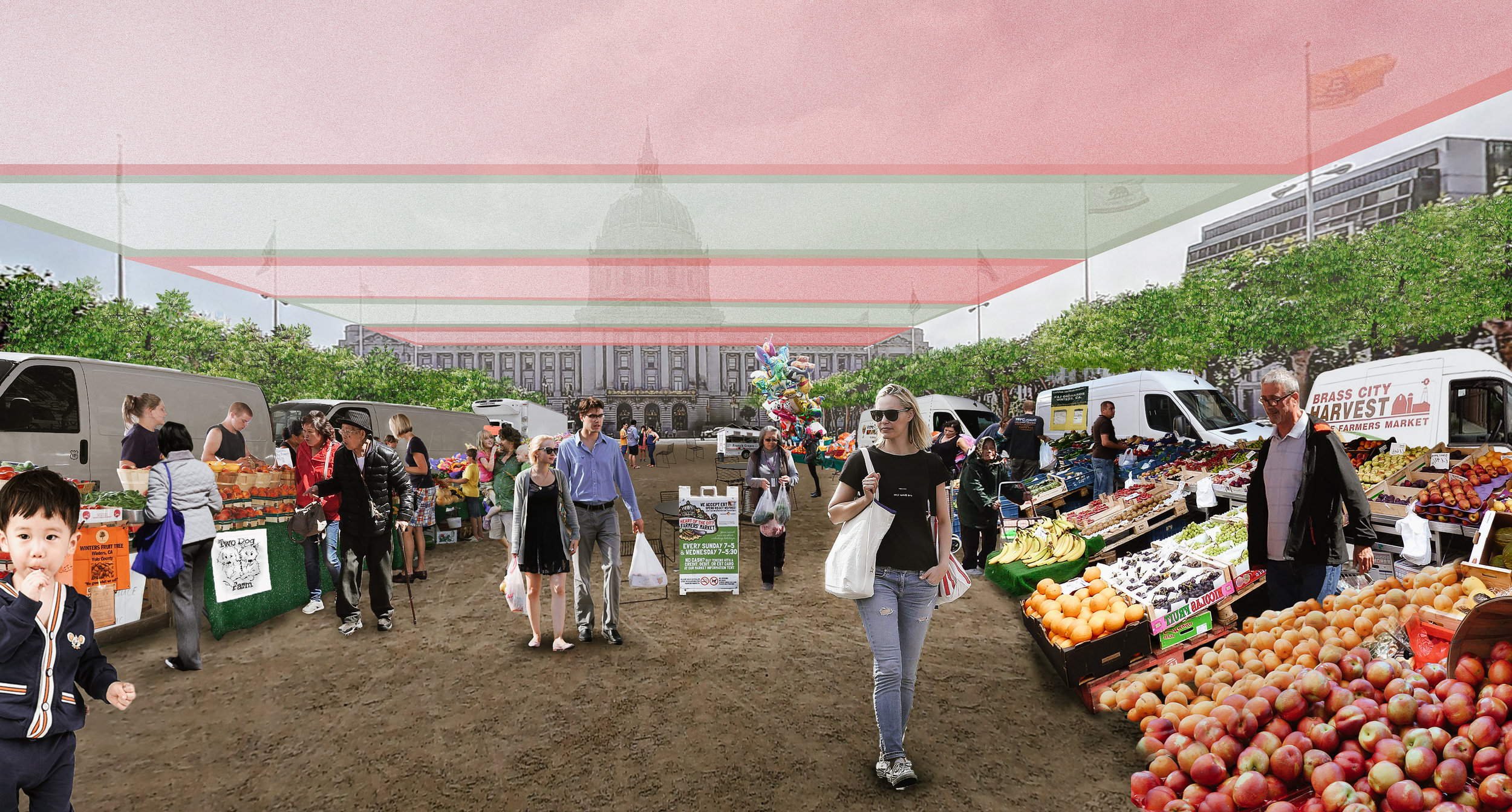 A rendering of the Civic Center Plaza with the temporarily relocated farmer's market, under the cover of a temporary shade canopy.