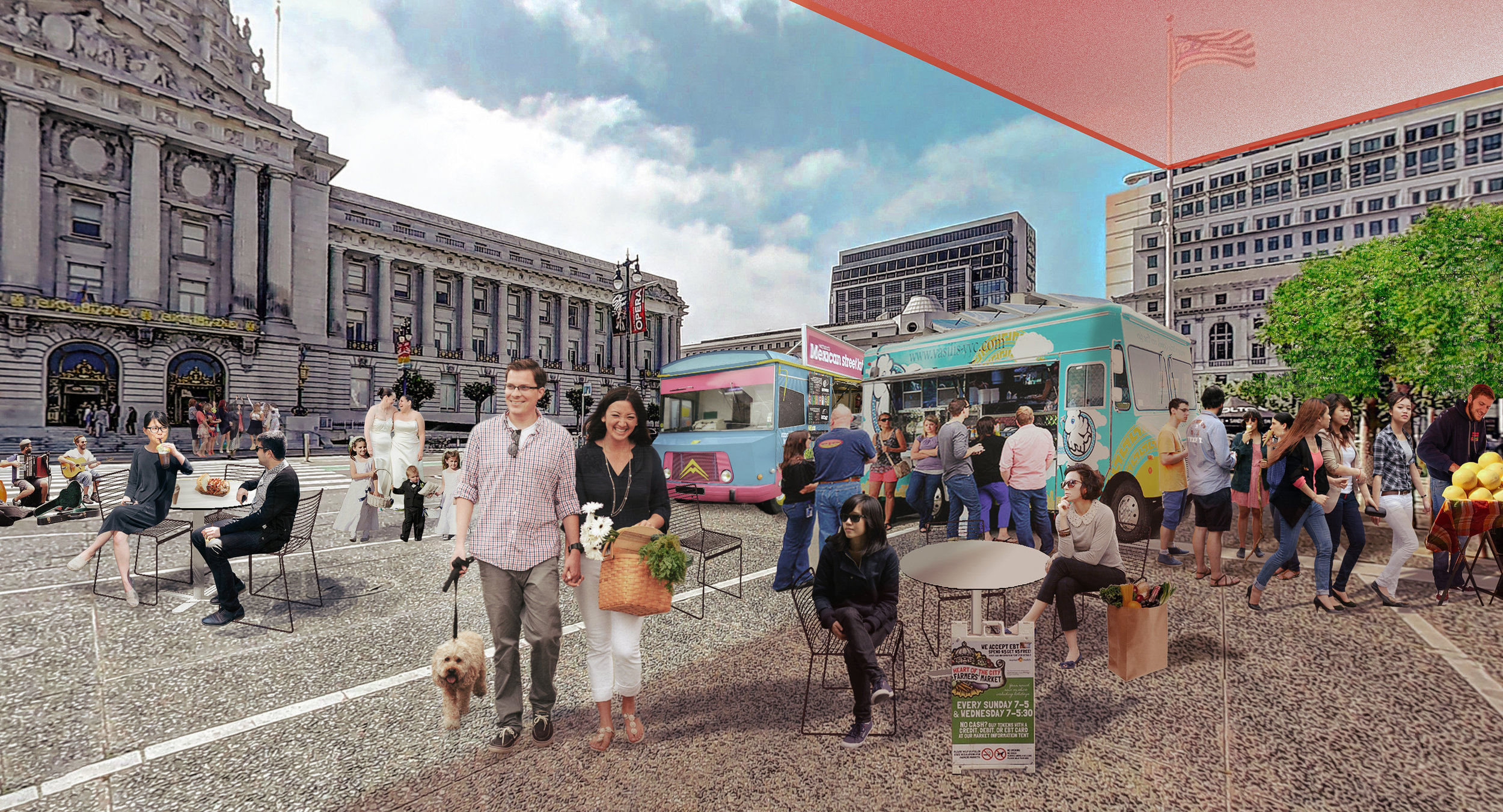 A view of the food truck plaza, market and shade structure...