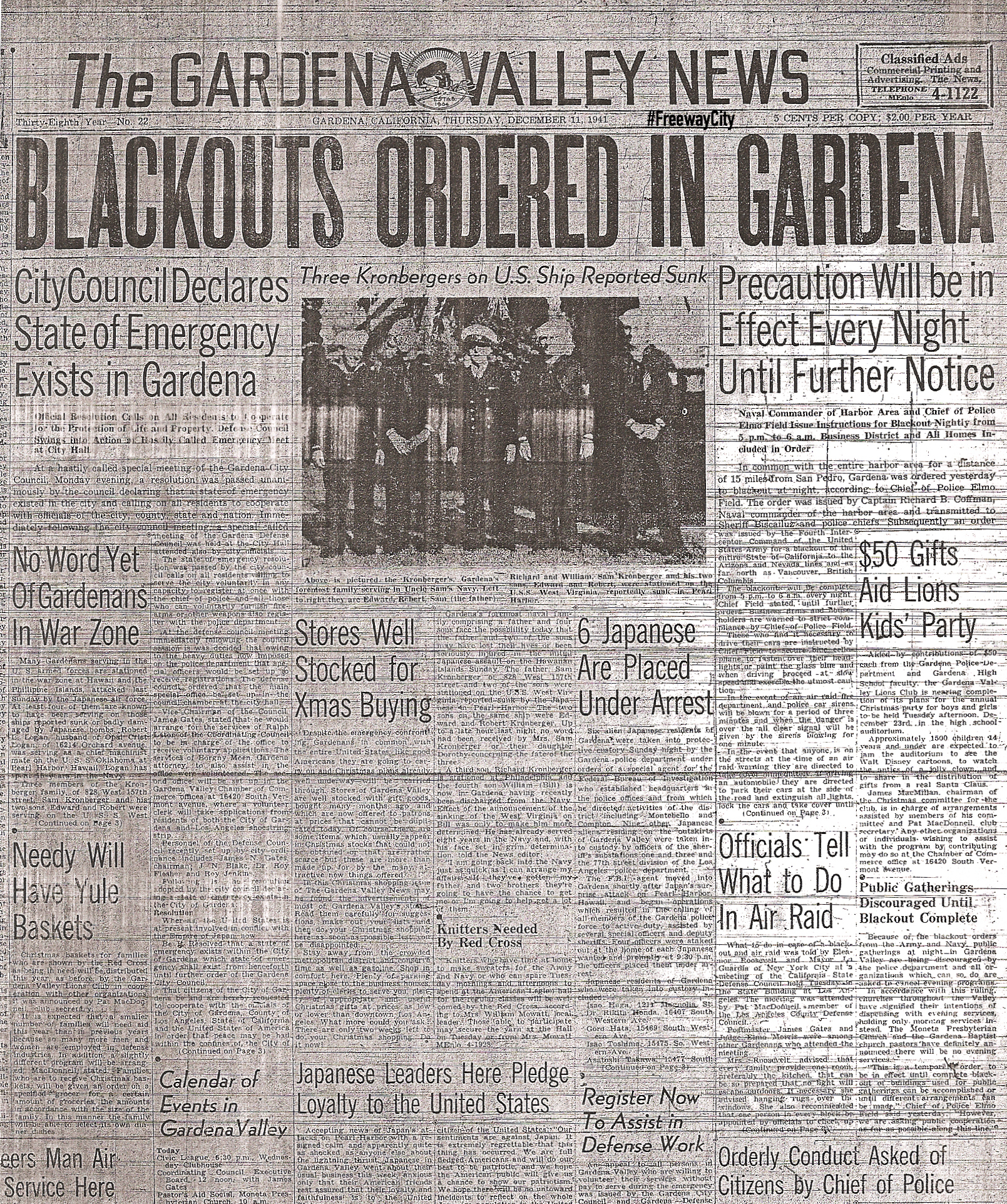 BLACKOUTS ORDERED IN GARDENA (1941)
