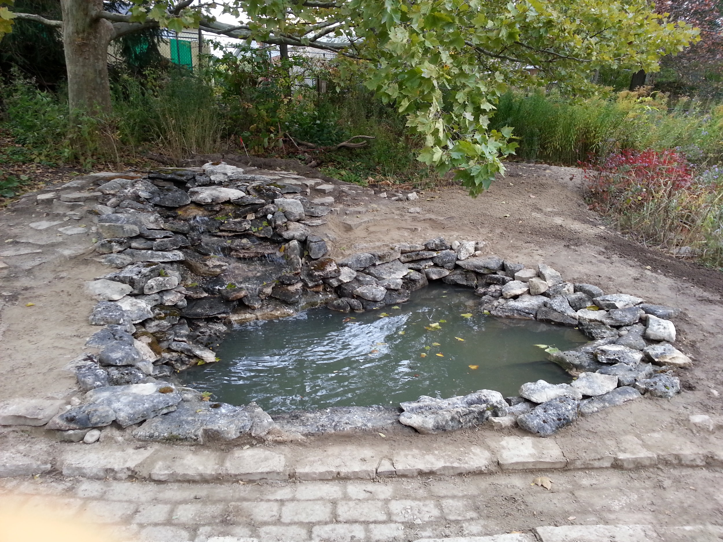 Stage one of an urban wetland system. The final creation included two ponds, a 1.5m waterfall, a spillway, and a marsh filter (native wetland, meadow plants). The size required is about two to three car parking spaces. London, ON, Canada.
