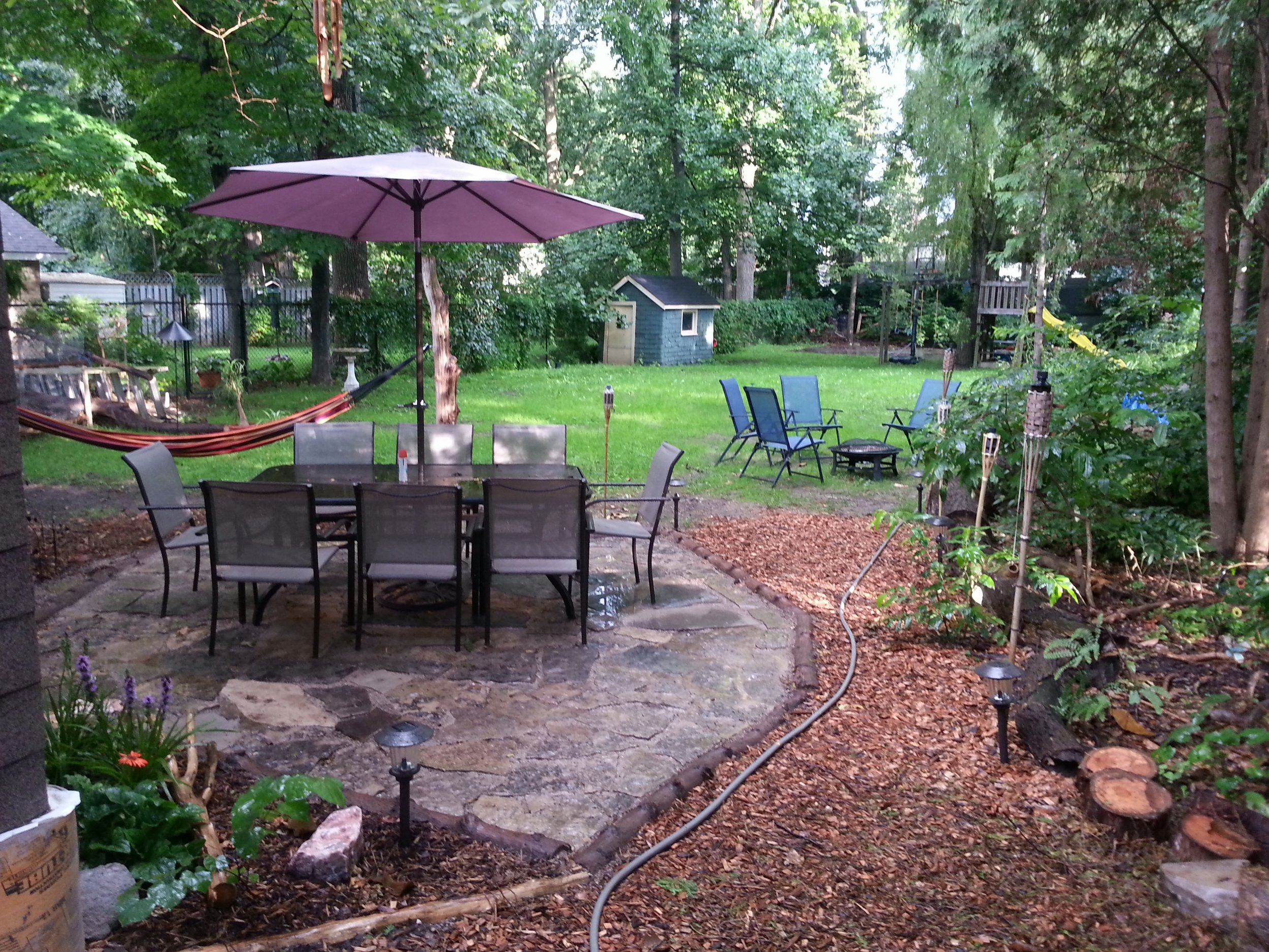 Still leaving enough grass and open areas in which to play and entertain, our backyard is lined on the edges and in the far back with native plant gardens. 