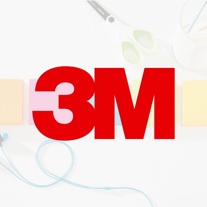 Large red 3M logo over a blurred background of office supplies and sticky notes.