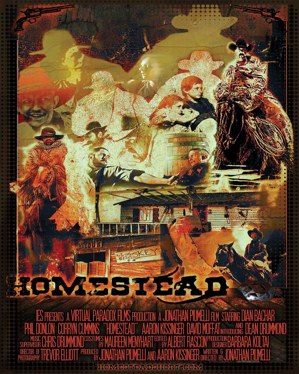 Collage of scenes and characters from a Western-themed movie, including cowboys, horses, a saloon, and various characters in period costumes, with the title 'Homestead' at the bottom.