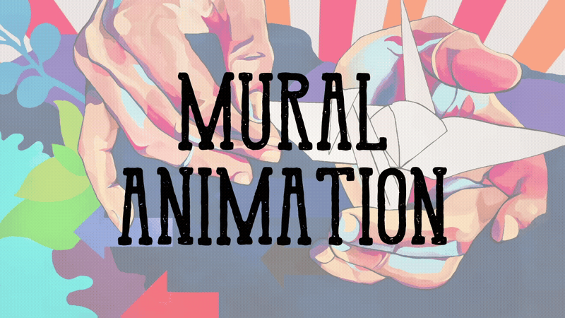 Colorful mural featuring a person drawing or writing with a pen, with the words "MURAL ANIMATION" written prominently.