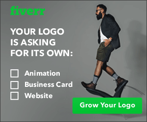 A man with a beard, glasses, and dark hair wearing a jacket, shorts, and striped socks walks with a backpack on a gray background with a Fiverr ad prompting to grow your logo.