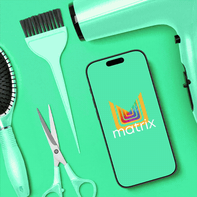 A collection of green cleaning tools including a spray bottle, scrub brush, and scissors, arranged around a smartphone displaying the 'matrix' logo.