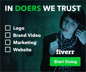 Digital marketing advertisement with text 'In DOERS we trust,' logo, checkboxes for Logo, Brand Video, Marketing, Website, Fiverr logo, and a green 'Start Doing' button.