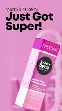 Box of Matrix Socolor Sync hair toner in shade Demi. Pink background with bold black and purple text, celebrating a beauty achievement.