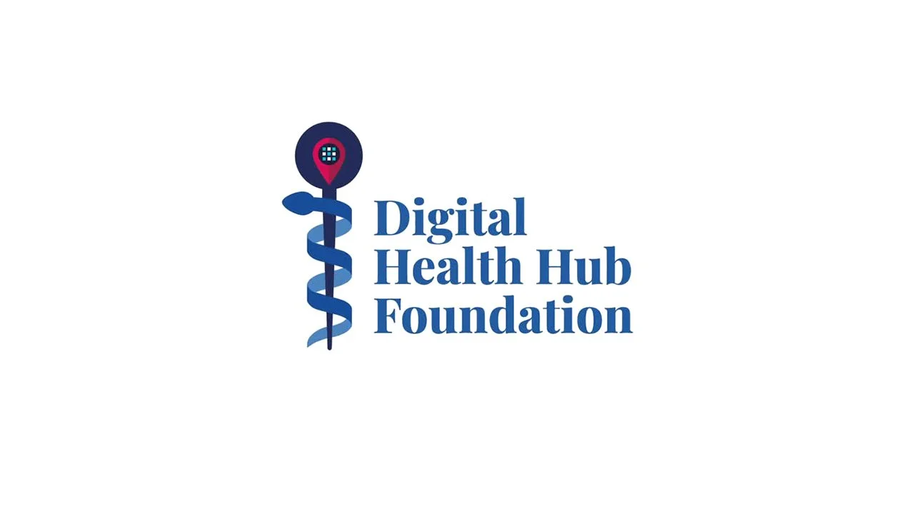 Logo of the Digital Health Hub Foundation with a stylized staff and a location pin with a grid of squares inside.