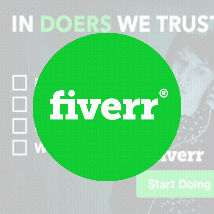 Green Fiverr logo overlaying a blurred background with text and a woman smiling.