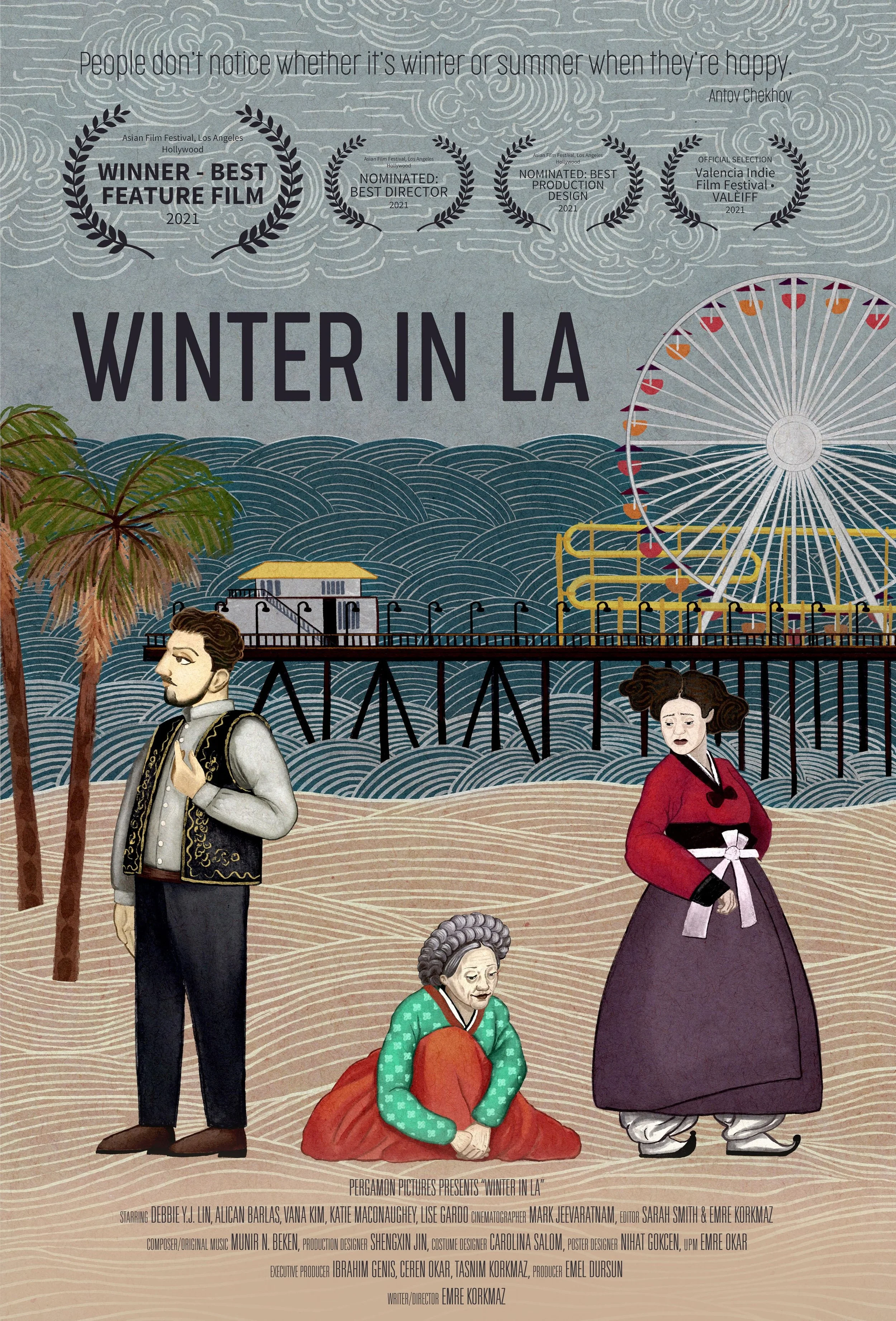 Illustration of three women and one man on a beach with a Ferris wheel and roller coaster in the background. The scene has a stylized, traditional art style with waves and palm trees, and the film title 'Winter in LA' is prominently displayed.