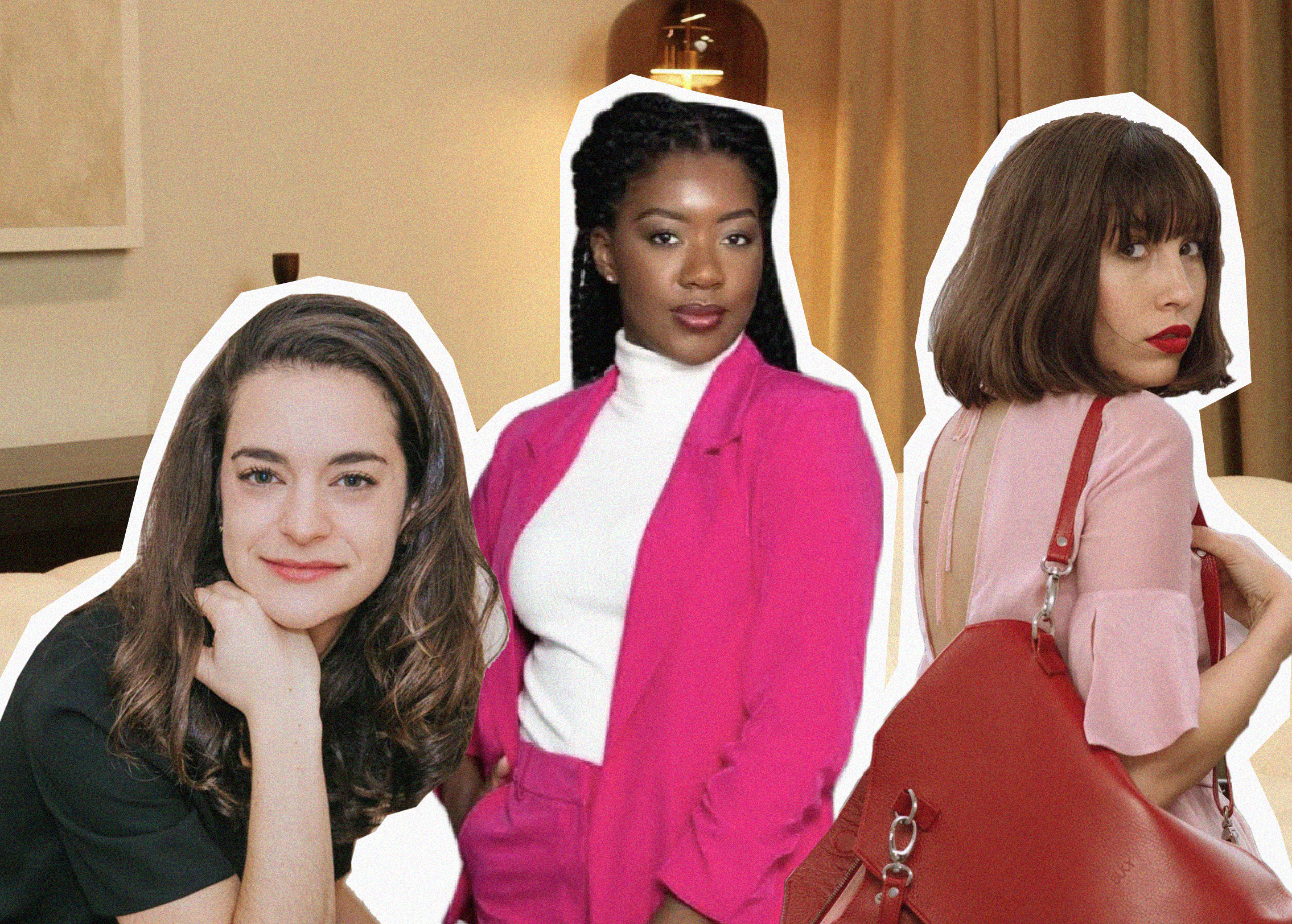 Three women, one with curly brown hair, one with braided black hair in a pink suit, and one with straight dark brown hair, wearing a pink top and red purse, posing in an indoor setting.