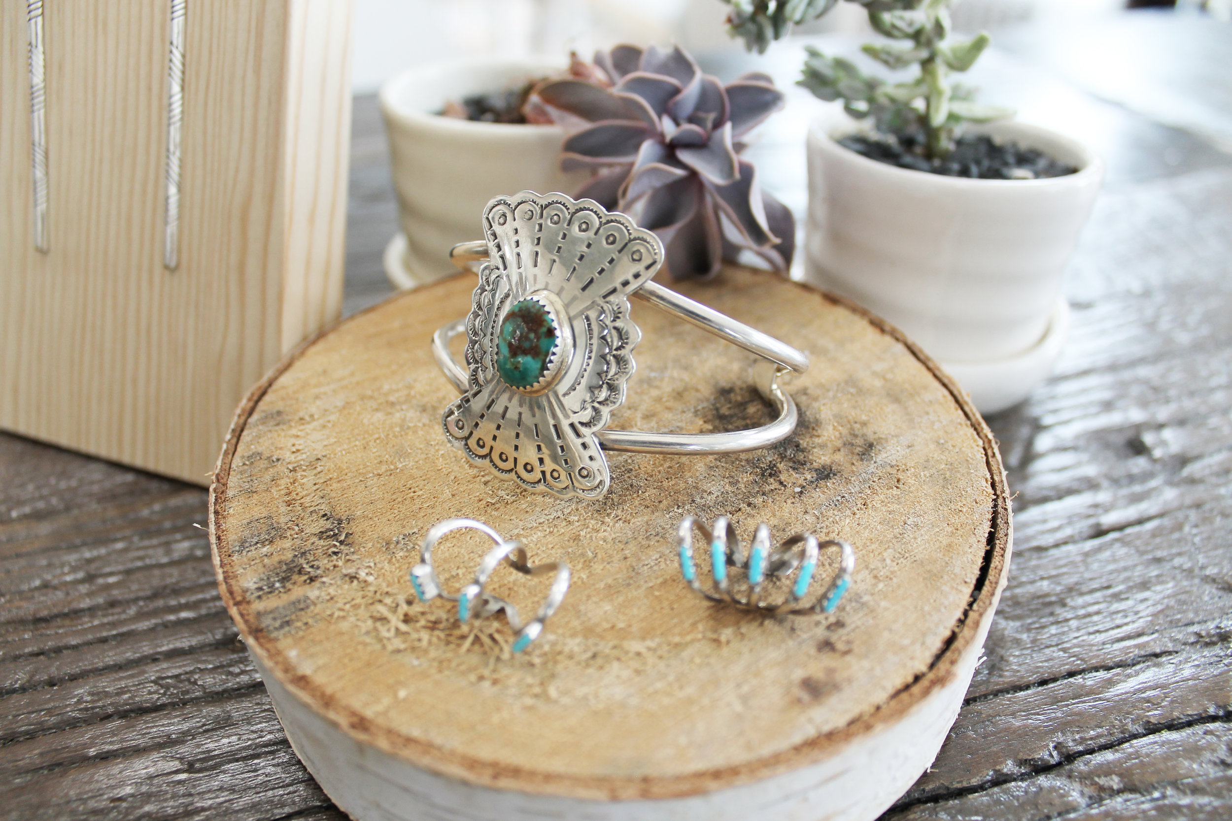 Pictured: Bow & Arrow Concho Cuff, Sleeping Beauty Ear Cuff, and Sterling Triangle Wire Earrings in Geo